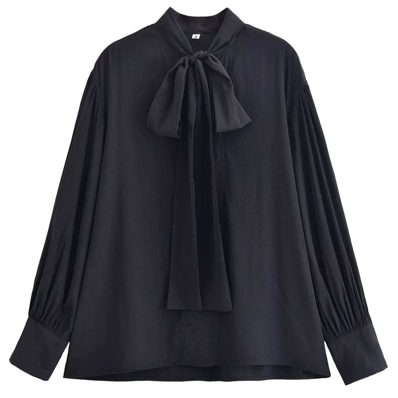 Women Elegant V-Neck Bow Tie Long Sleeve Blouse Solid Color Loose Polyester Commuter Shirt Top