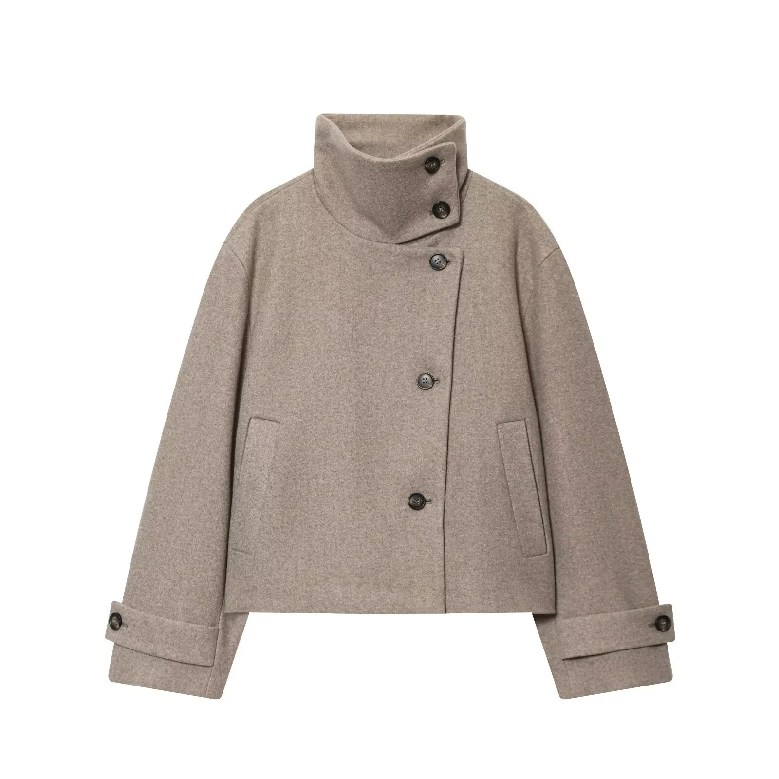 Veste en Laine Courte Col Montant Vintage pour Femme Fermeture à Boutons Asymétriques Manteau Chaud en Mélange de Polyester