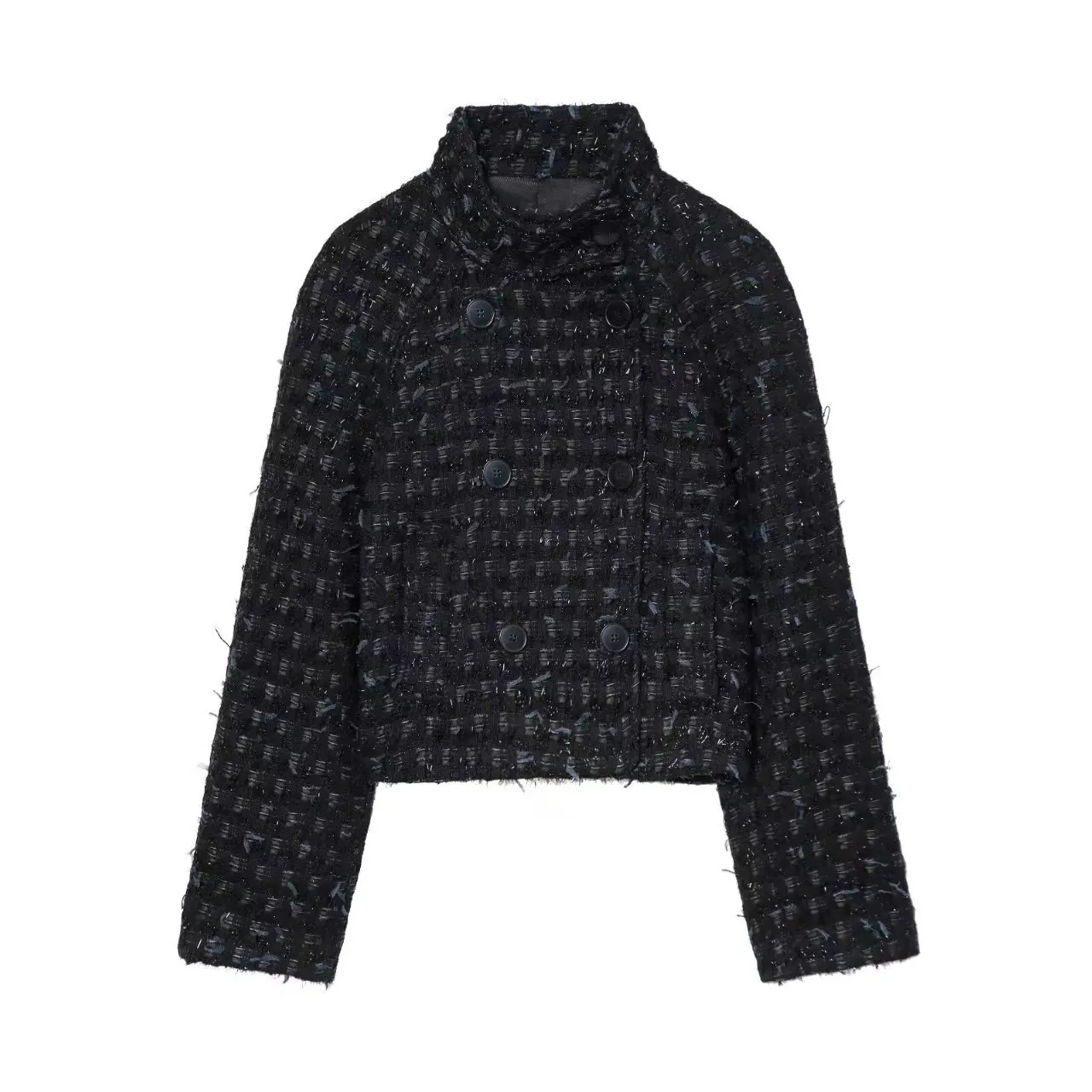 Women Elegant Black Tweed Jacket Double Breasted Short Coat With Raw Edge Silver Thread Long Sleeve Commuting Outerwear