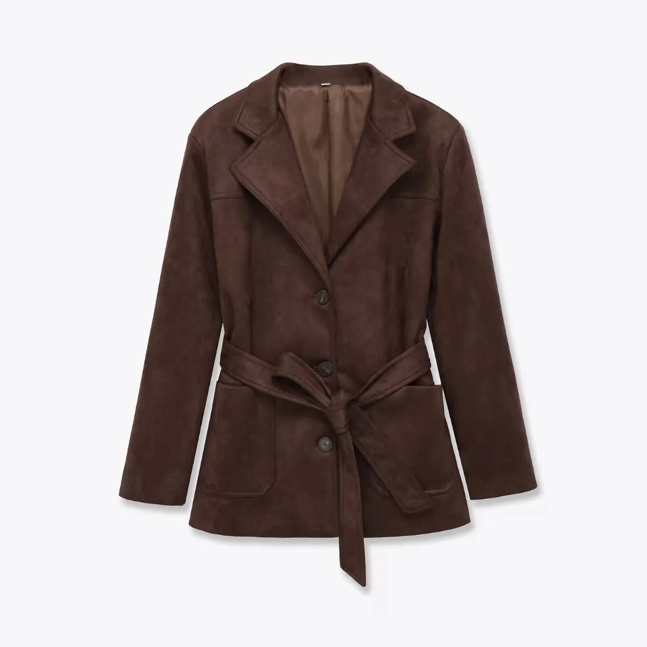 Women Faux Suede Belted Jacket Mid-Length Notched Lapel Single Breasted Coat With Pockets Autumn Casual Solid Outerwear