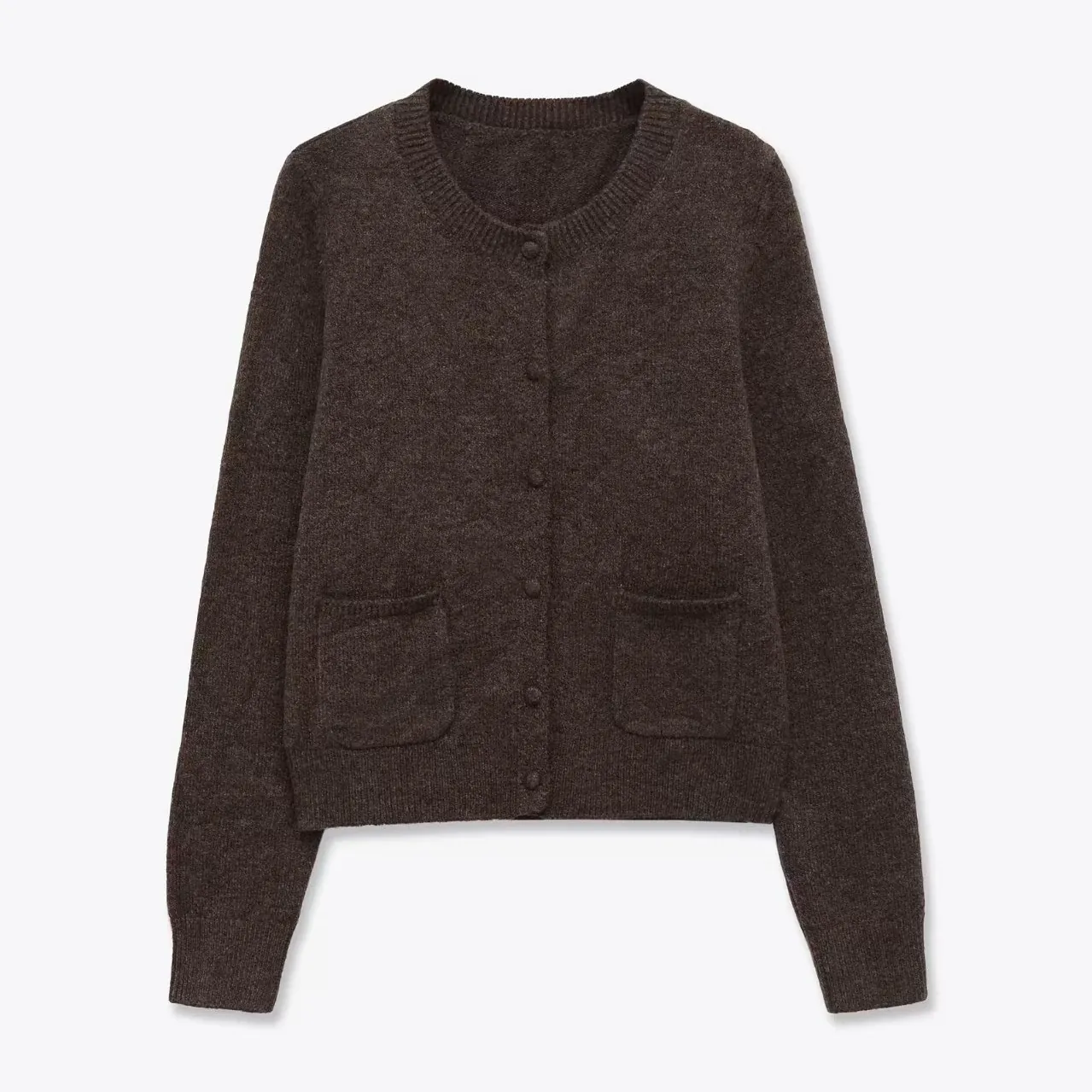 Women Casual Round Neck Long Sleeve Knitted Cardigan Sweater Solid Color Button Up Jacket With Pockets Warm Polyester Top