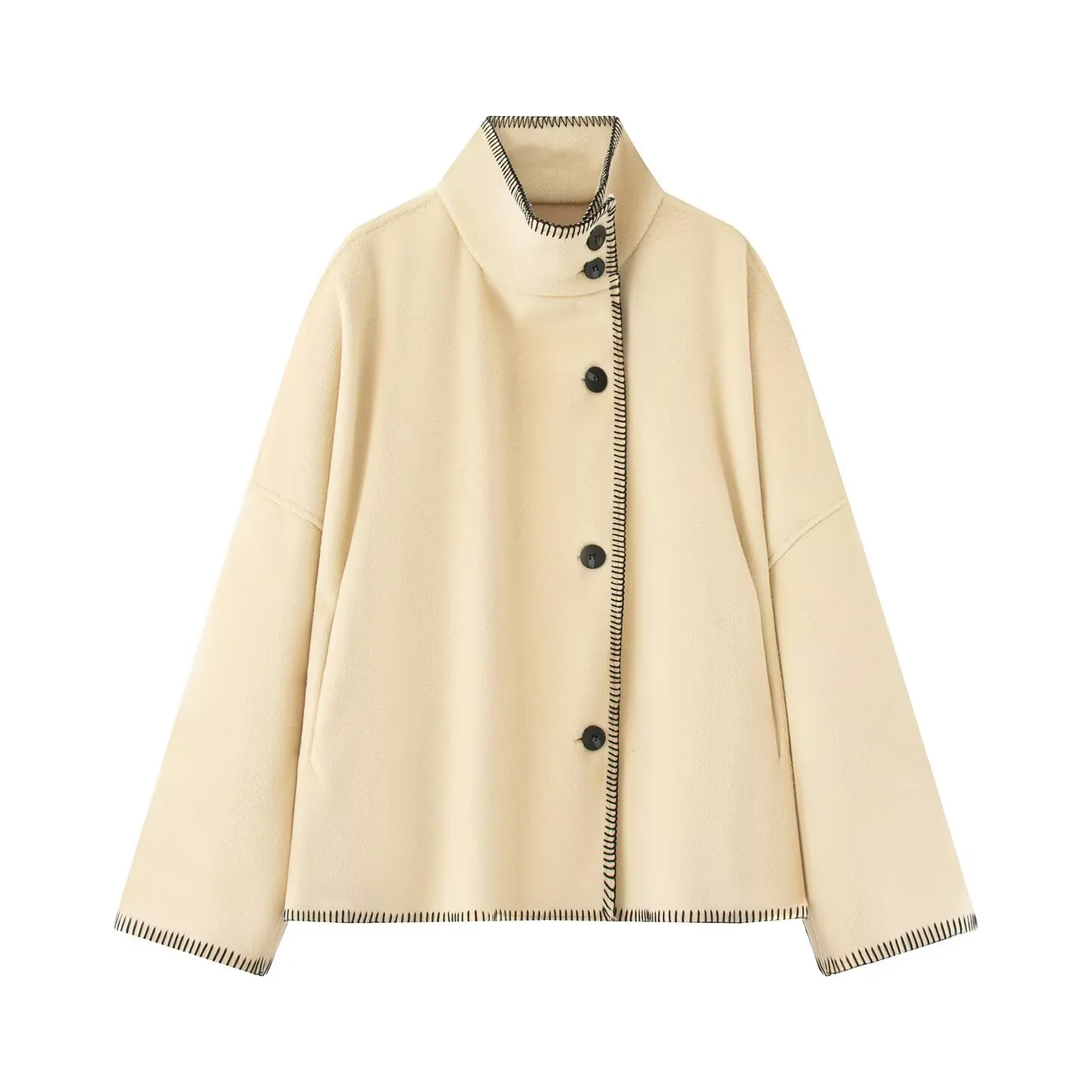 Women's Woolen Coat Stand Collar Contrast Stitching Button Down Short Jacket Loose Fit Autumn Winter Outerwear