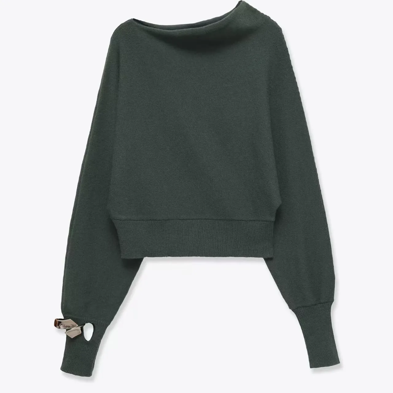Women's Elegant Slash Neck Knit Sweater Long Sleeve Off-Shoulder Pullover With Metal Ring Decoration Solid Color Knit Top