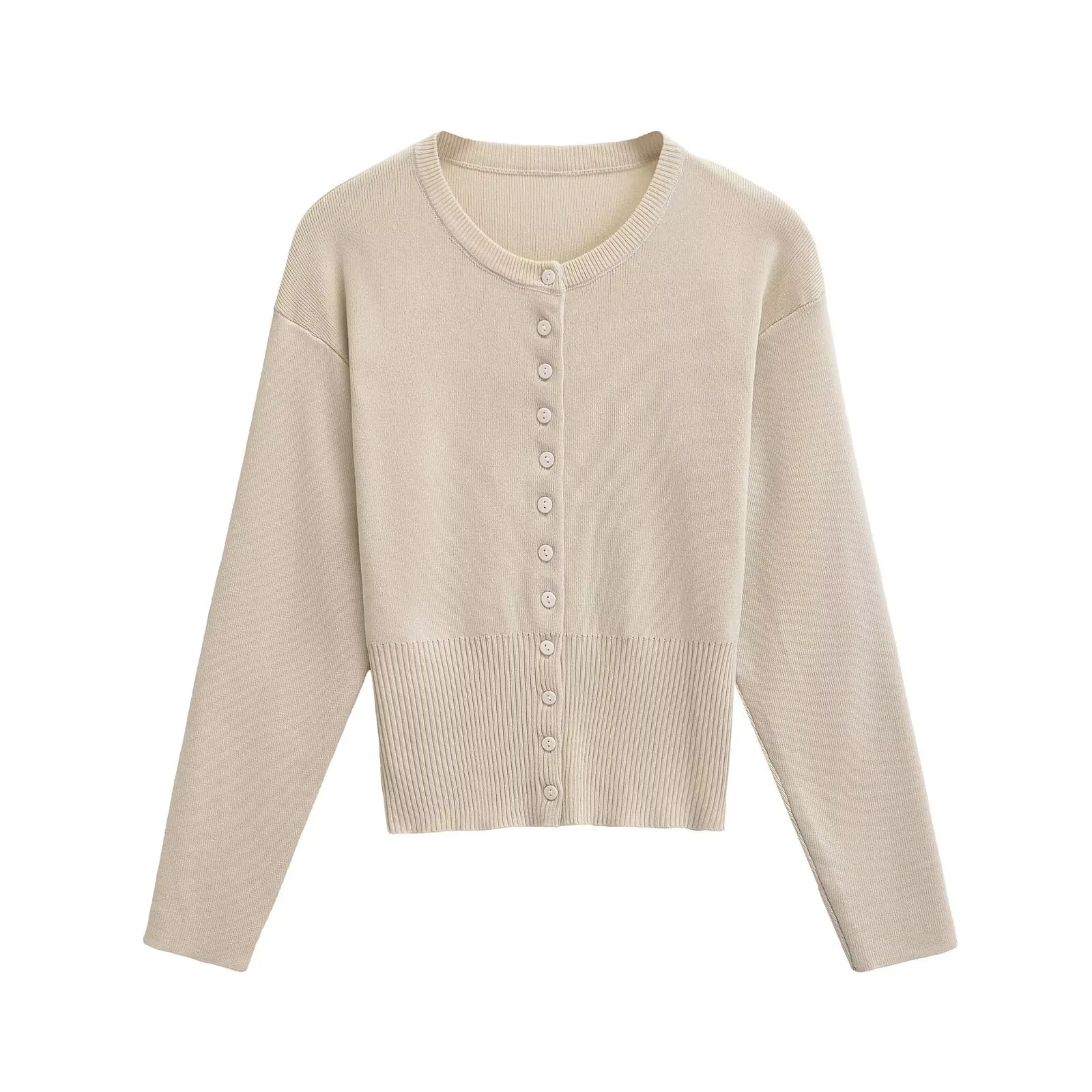 Women Minimalist Knitted Cardigan Crew Neck Long Sleeve Single Breasted Solid Color Slim Fit Polyester Sweater Top Khaki