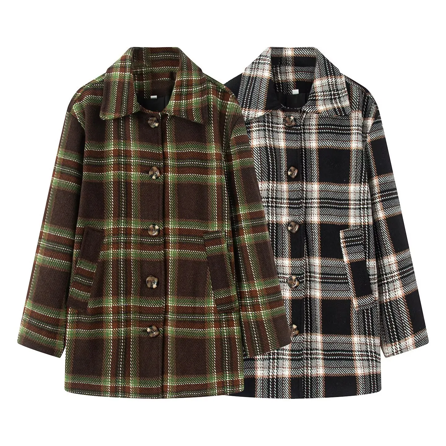 Damen Karierter Wollmantel Oversized Revers Spleißen Langarm Oberbekleidung Einreihige Karo Jacke Mit Taschen Mode Mantel