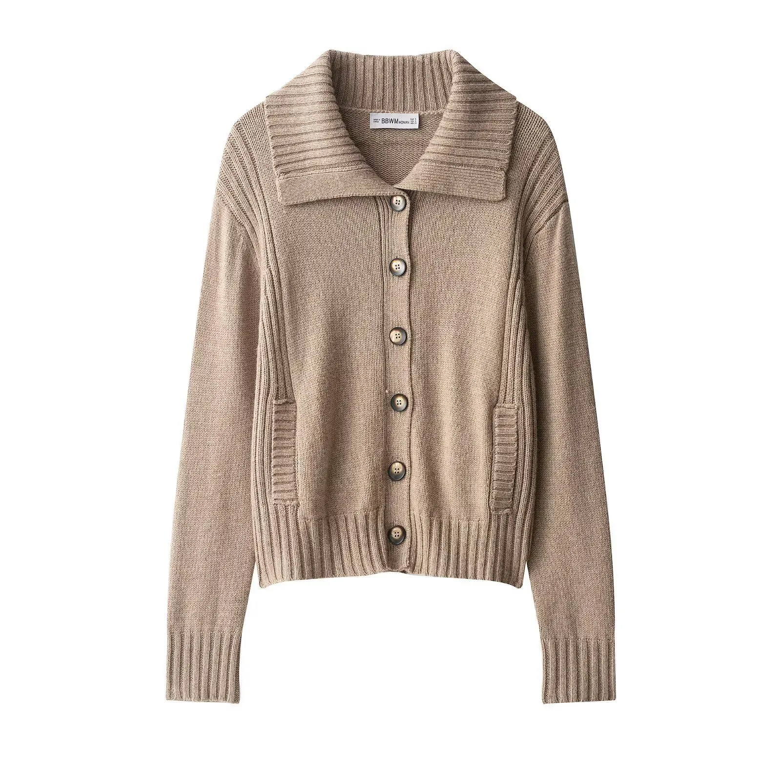 Women Oversized Lapel Knit Cardigan Long Sleeve Button Down Ribbed Trim Solid Color Camel Sweater Coat Jacket
