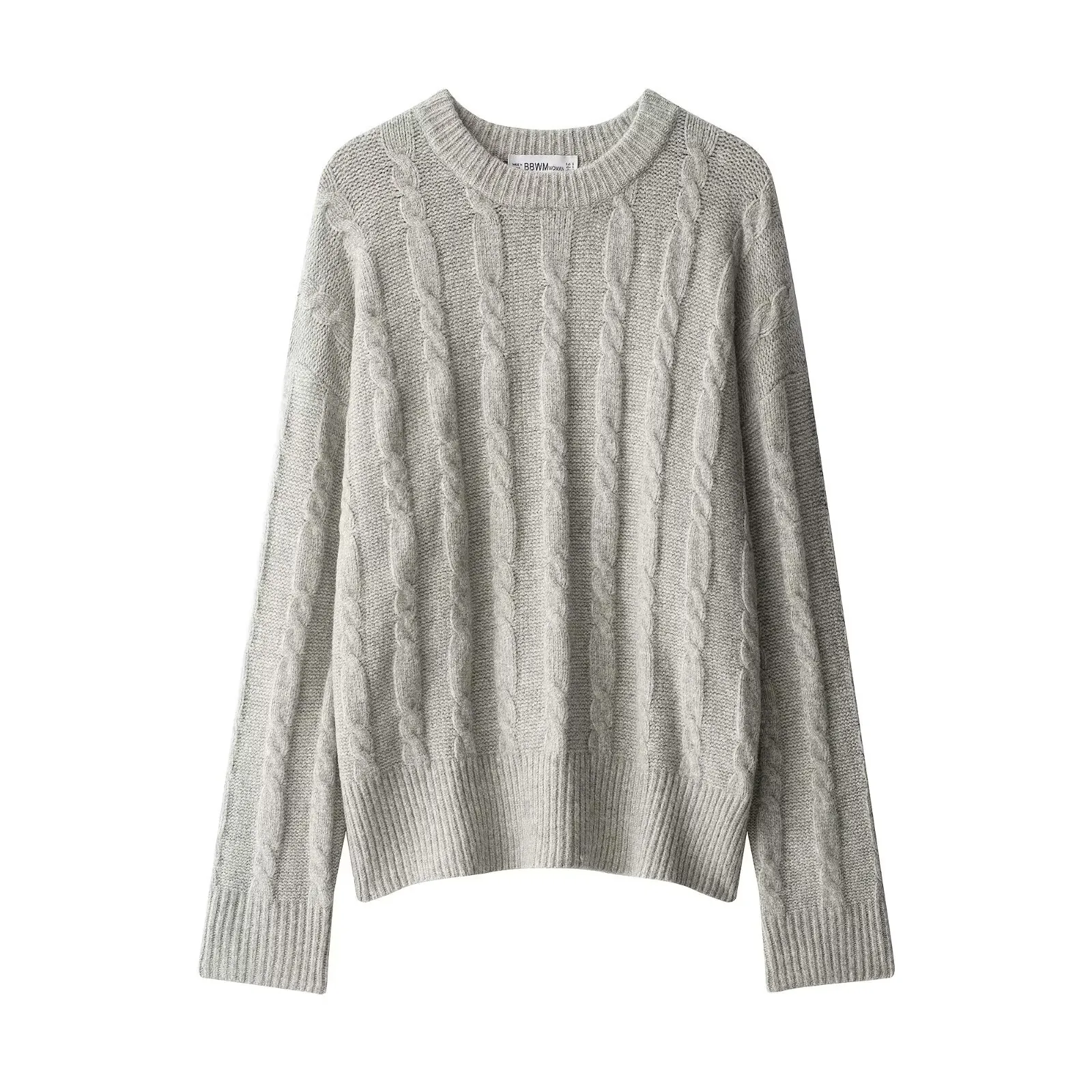 Pull Femme Col Rond à Torsades Manches Longues Épaules Tombantes Couleur Unie Décontracté Tricoté Ample Haut Automne Hiver Gris