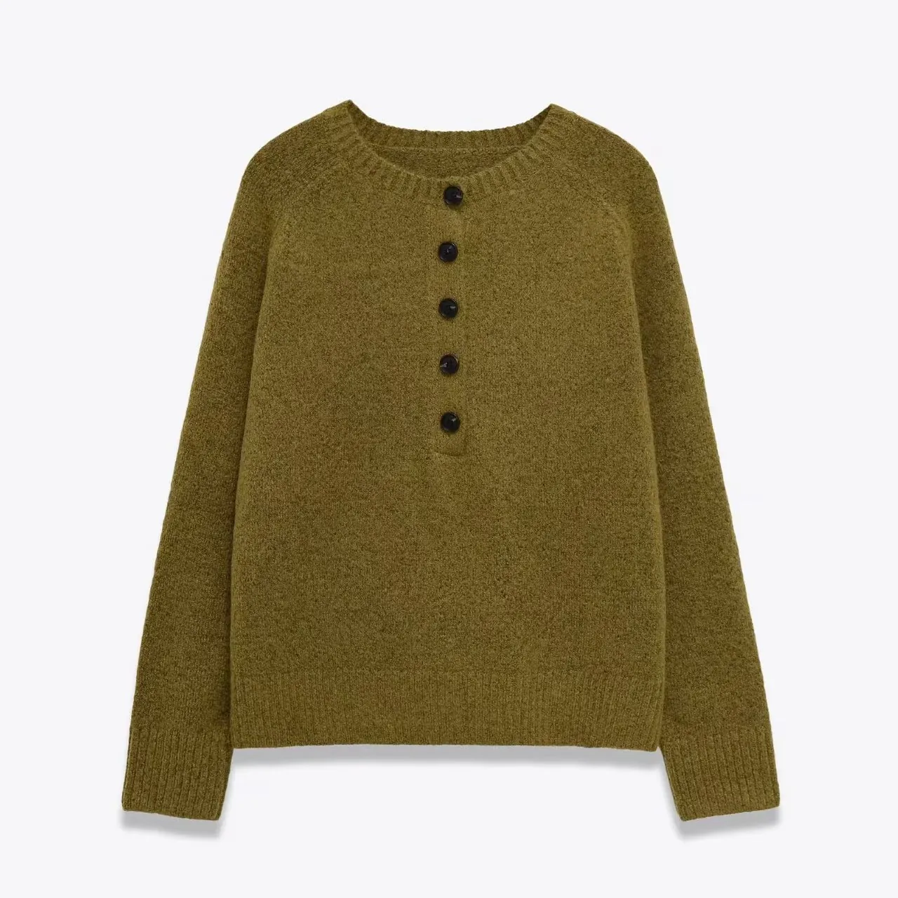 Women Loose Knit Sweater Long Sleeve Henley Round Neck Button Front Raglan Sleeves Ribbed Trim Solid Color Casual Pullover