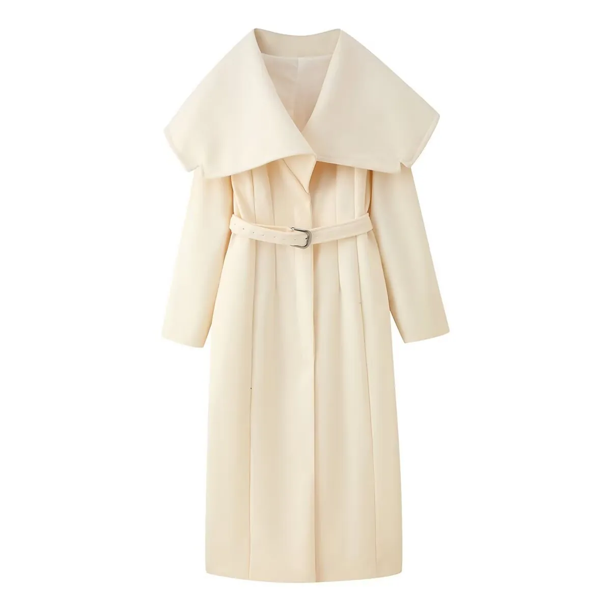 Women Elegant Wide Lapel Long Woolen Coat With Belt Cream Milky White Minimalist Double Faced Woolen Jacket Outerwear