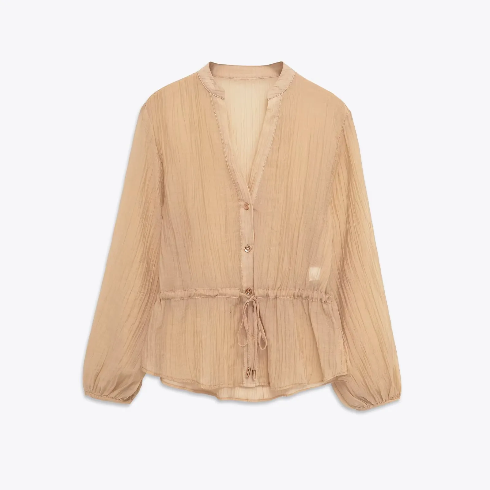 Women Elegant Pleated V-Neck Blouse Polyester Long Sleeve Drawstring Waist Shirt Translucent Solid Color Commuter Top