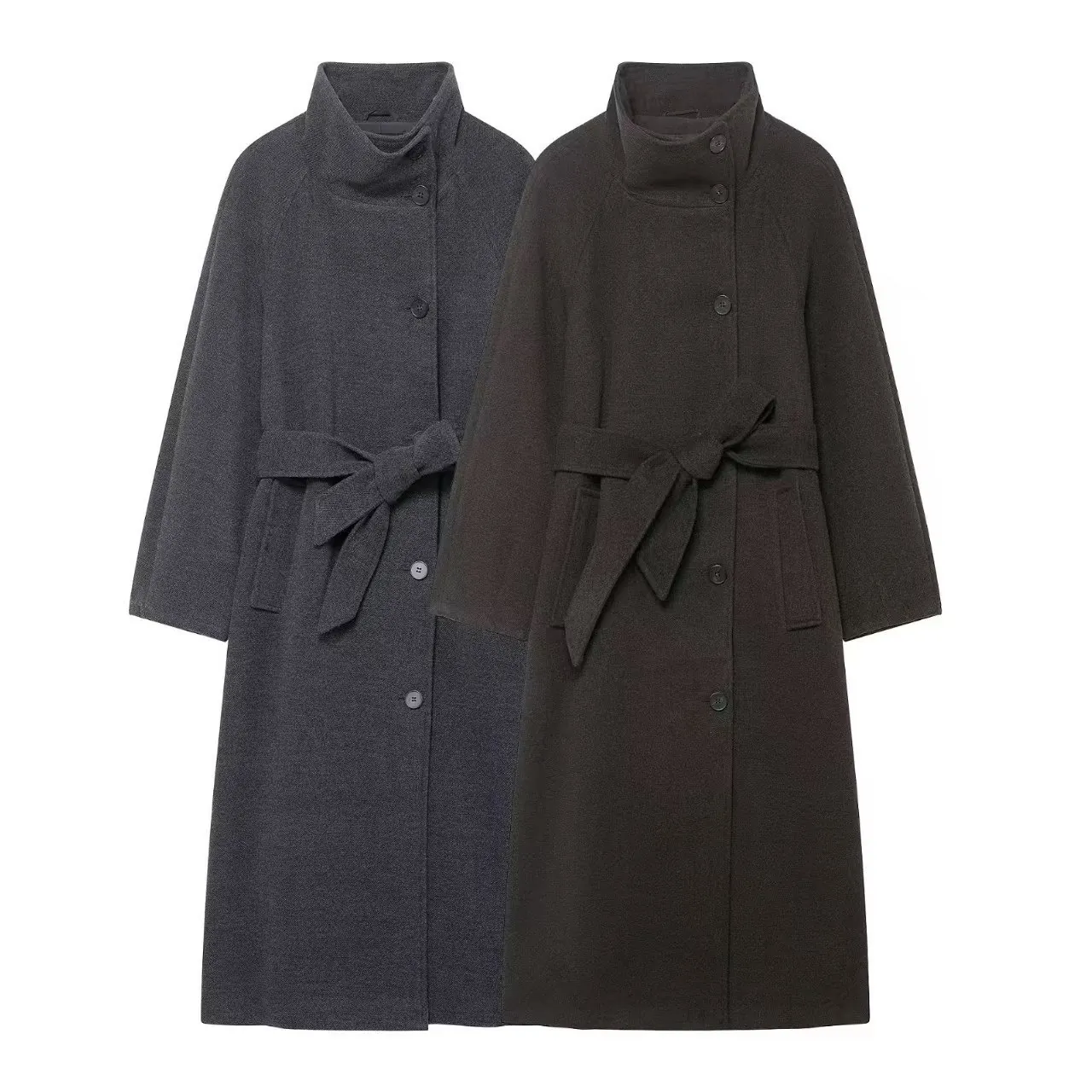 Women Elegant Stand Collar Long Woolen Coat With Belt Single Breasted Polyester Blend Overcoat Autumn Winter Outerwear