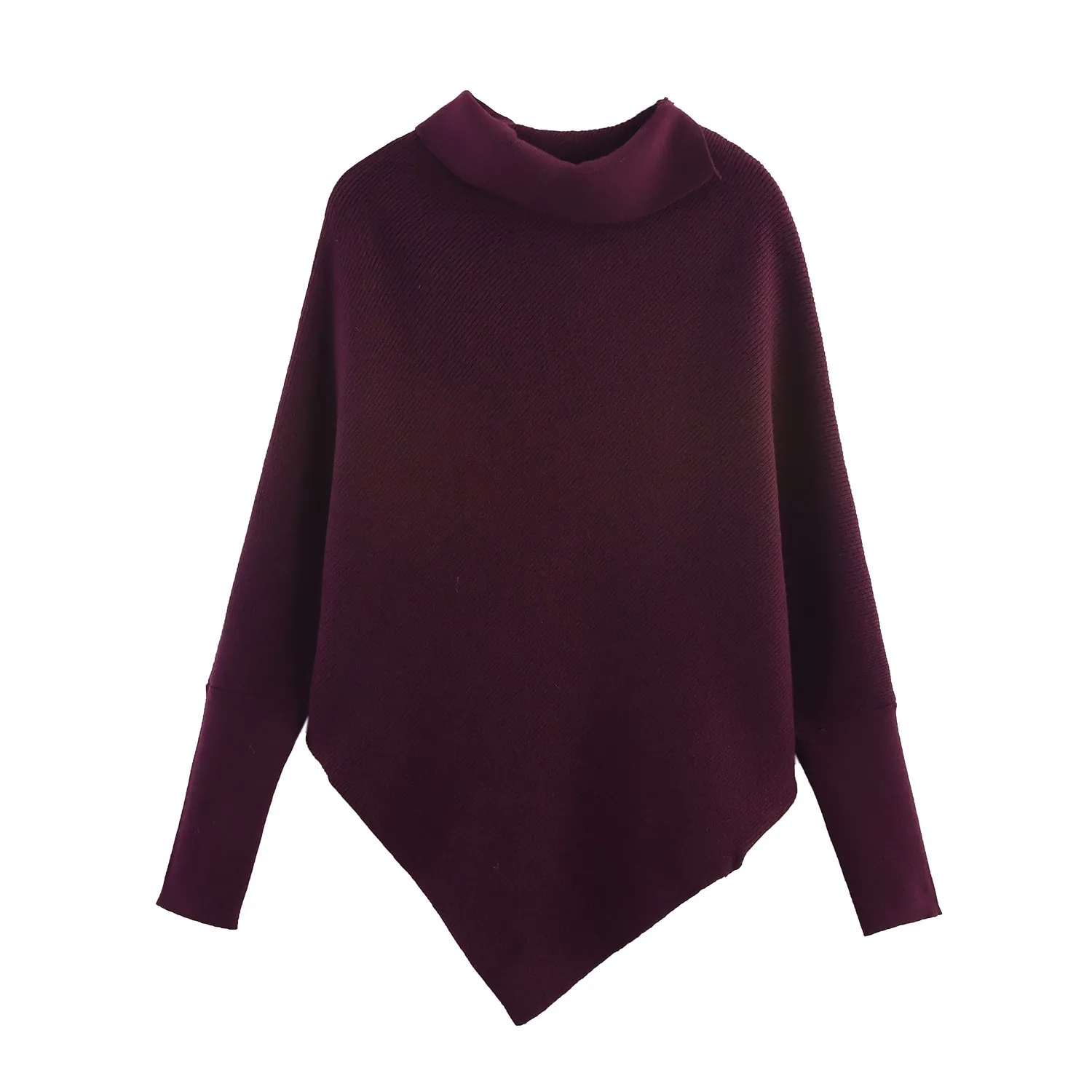 Women's Loose Asymmetric Knit Sweater Turtleneck Batwing Sleeve Core-Spun Yarn Solid Color Pullover Poncho Top Daily Wear