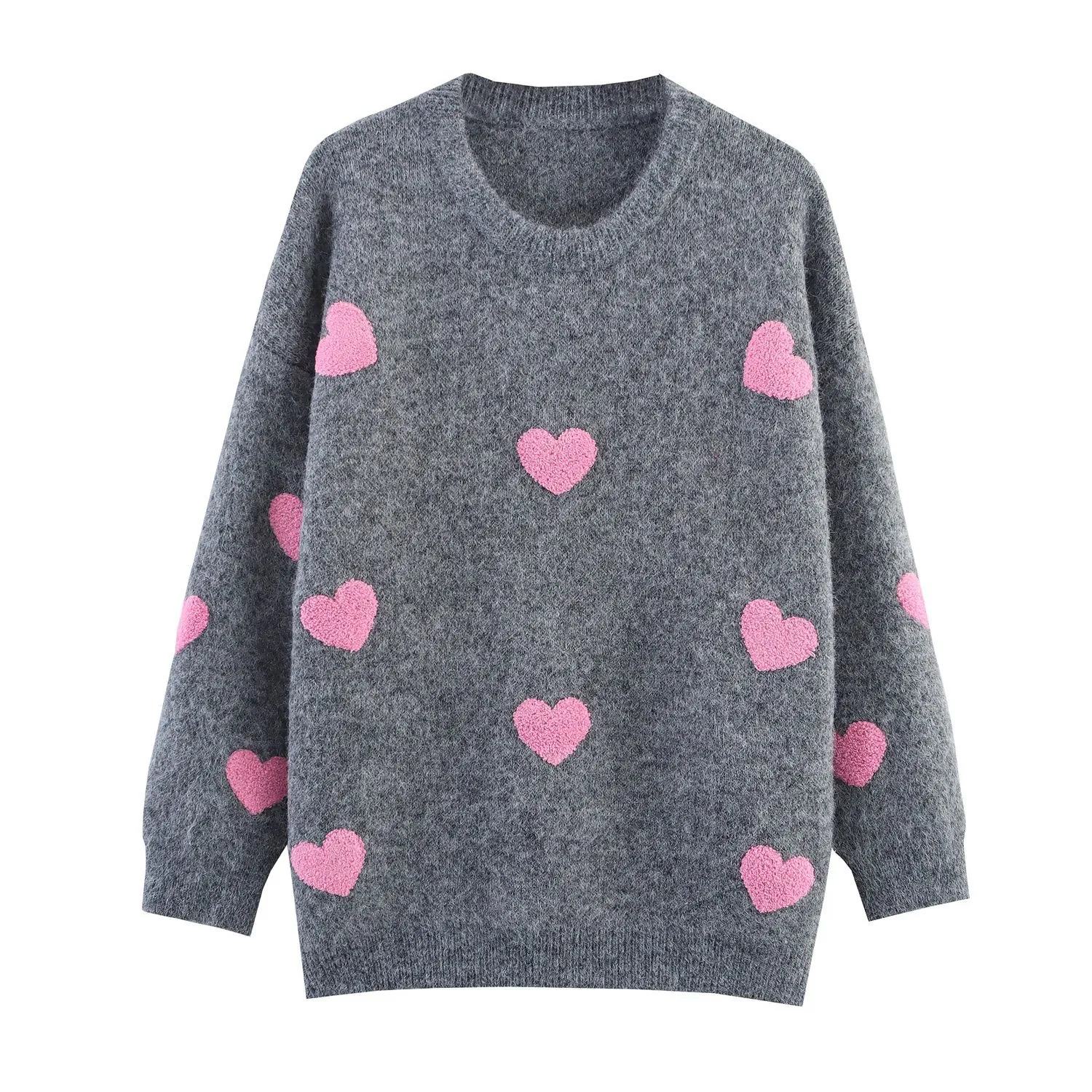 Maglione da Donna in Maglia con Motivo a Cuore Girocollo Oversize Pullover a Manica Lunga Morbido Peluche