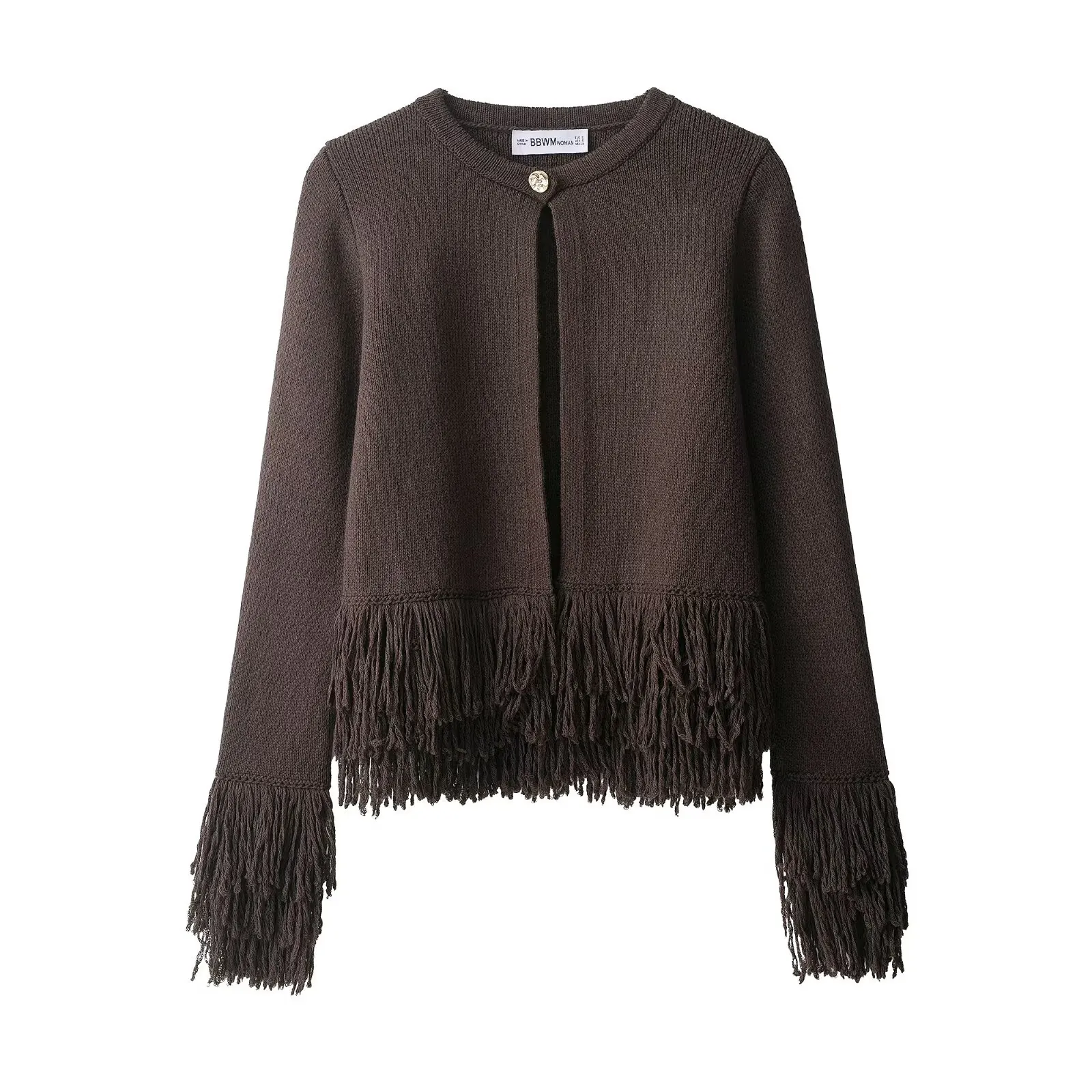 Women Vintage Round Neck Knit Cardigan With Long Fringe Hem Sleeves Solid Deep Brown Single Button Sweater Jacket