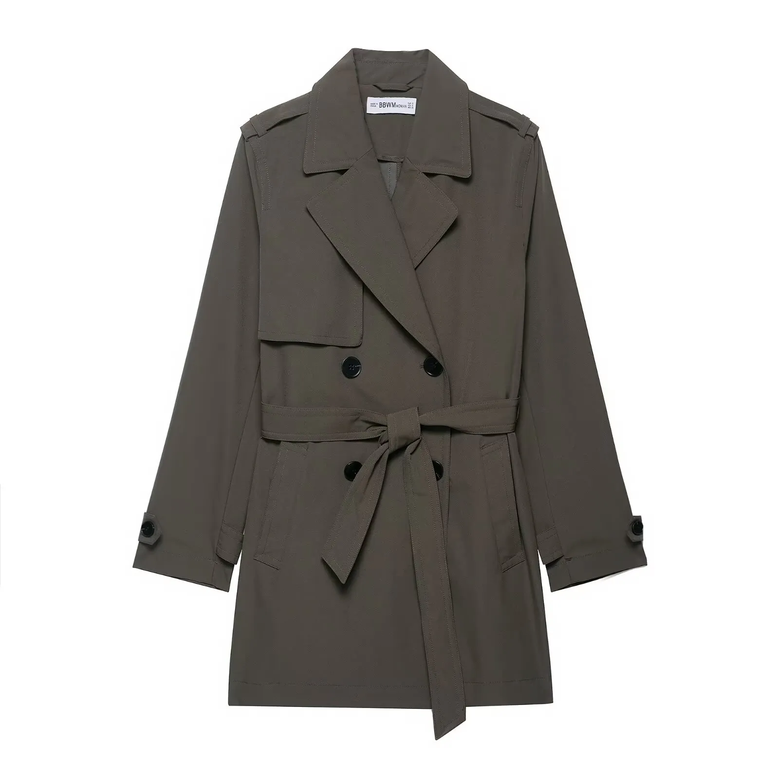 Women Elegant Double Breasted Trench Coat With Belt Windproof Solid Color Lapel Mid Length Long Sleeve Outwear Overcoat
