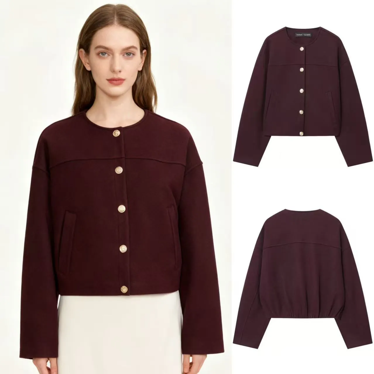 Women's European Style Round Neck Bomber Jacket With Vintage Gold Buttons Soft Wool Like Texture Solid Wine Red Outerwear