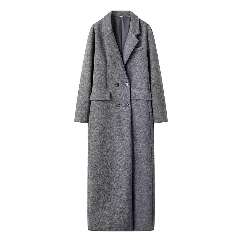 Manteau Long en Laine Élégant pour Femmes Double Boutonnage Col à Revers Coupe Ample Couleur Unie Gris Pardessus Chaud Hiver