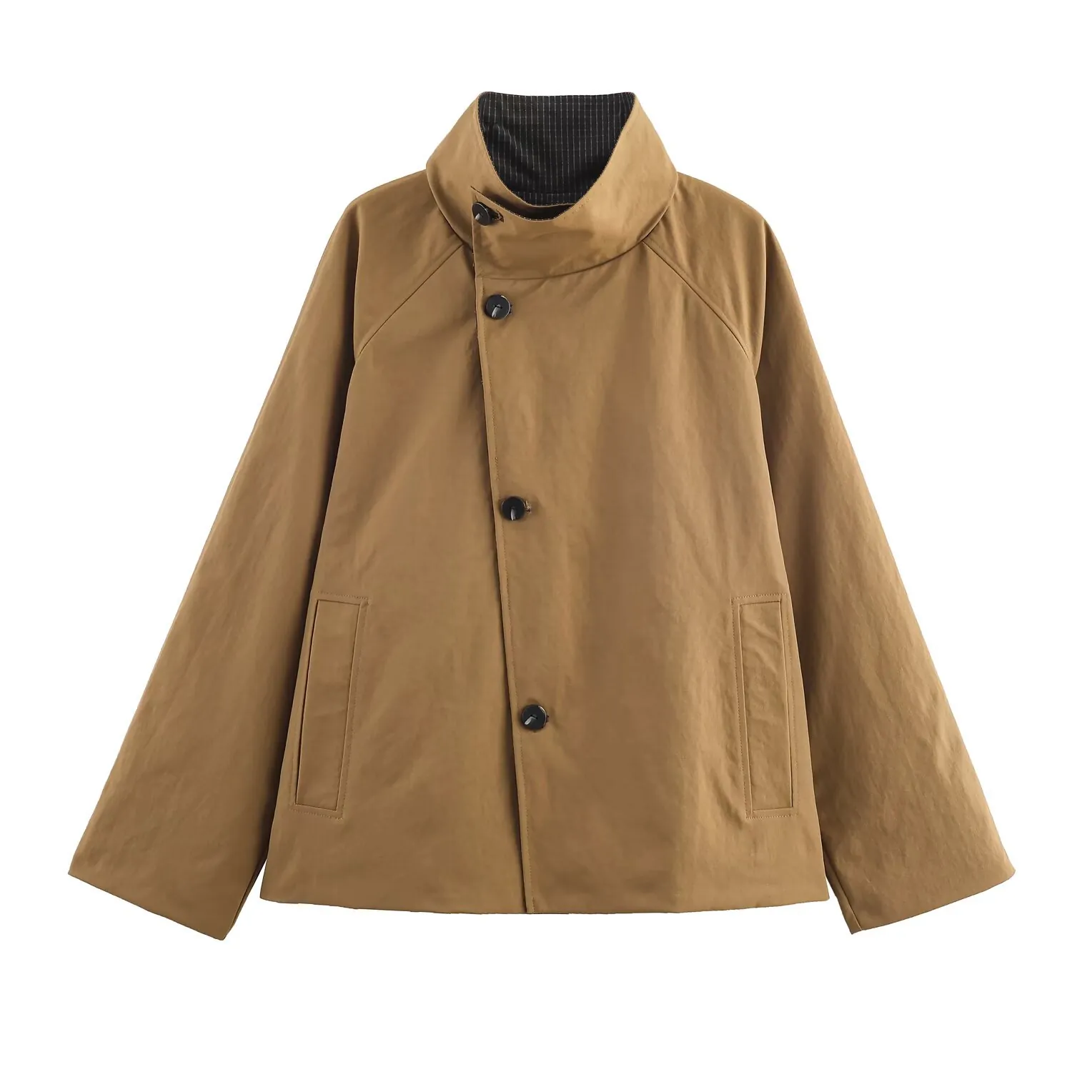Women's Casual Plaid Solid Color Double Sided Trench Coat Stand Collar Raglan Sleeve Button Up Short Windbreaker Jacket