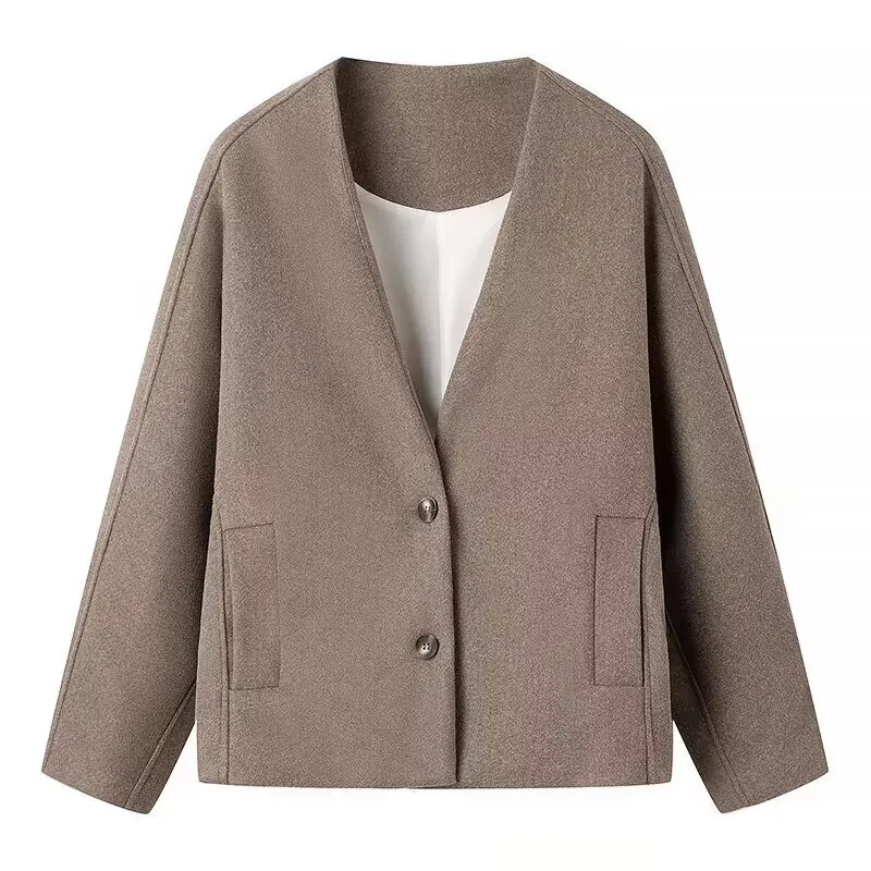 Women's V-Neck Loose Woolen Jacket Solid Color Single Breasted Warm Fall Winter Outerwear Casual Short Coat With Pockets