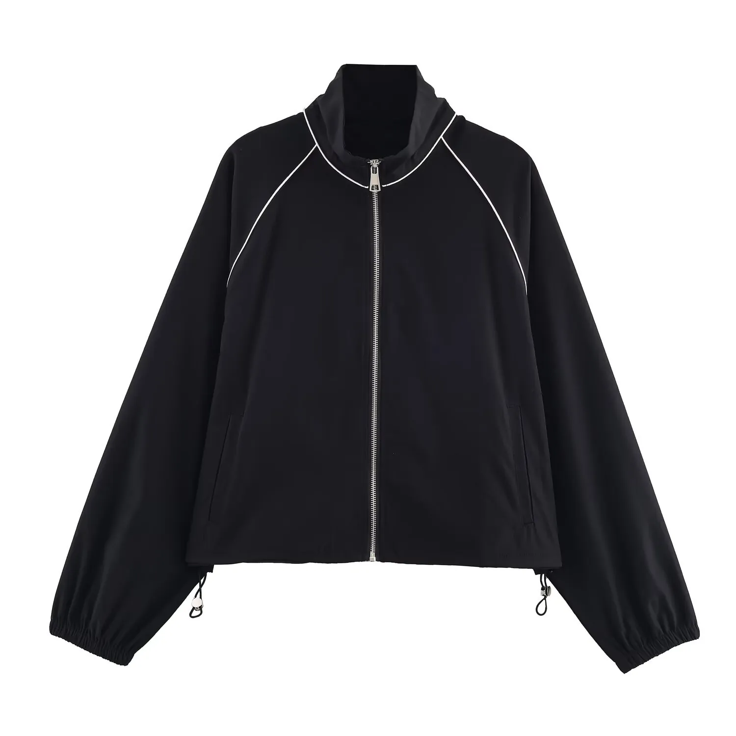 Women's Stand Collar Zipper Jacket With Contrast Piping Adjustable Drawstring Hem Raglan Sleeve Casual Windproof Coat