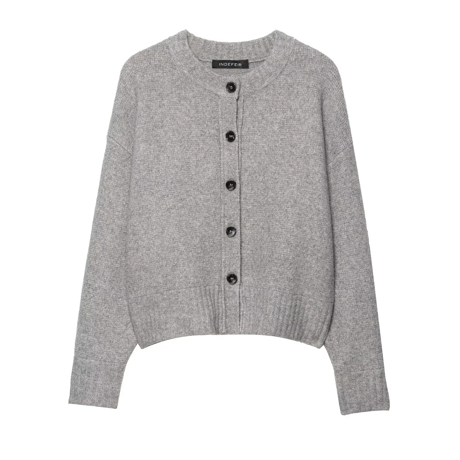 Women Casual Solid Gray Round Neck Long Sleeve Knit Cardigan Soft Button Down Ribbed Trim Sweater Coat Top