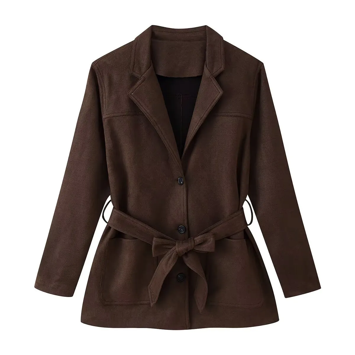 Women Suede Effect Jacket With Belt Notch Lapel Mid Length Long Sleeve Solid Color Single Breasted Button Coat Outerwear Coffee