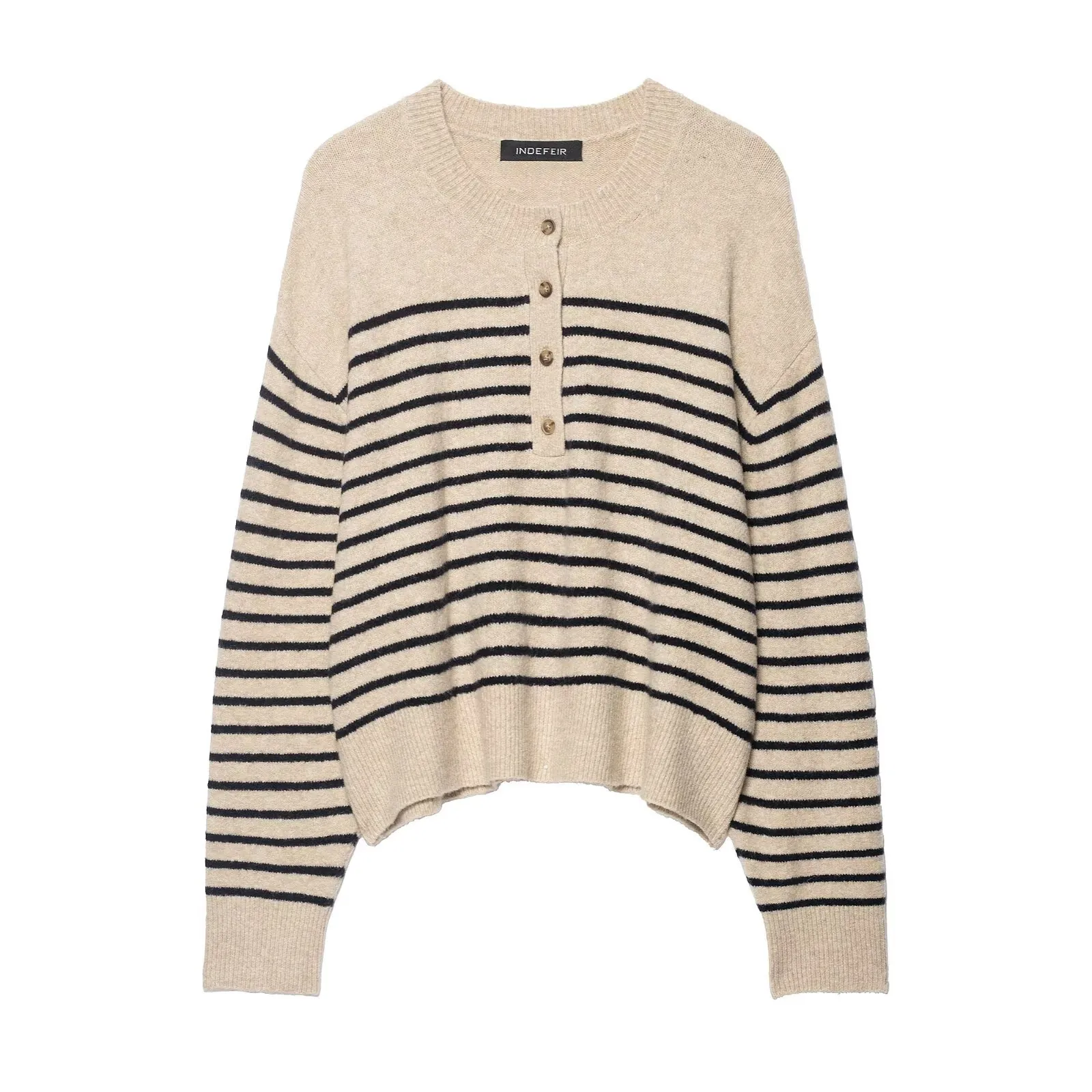 Casual Women Striped Knit Sweater Round Neck Button Front Long Sleeve Pullover Soft Polyester Street Style Autumn Khaki Top