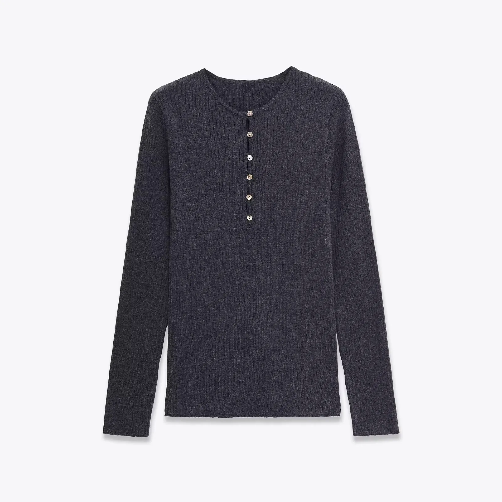 Pull Femme Décontracté en Tricot à Côtes Coupe Slim Col Rond Manches Longues Top Henley Avec Boutons Couleur Unie