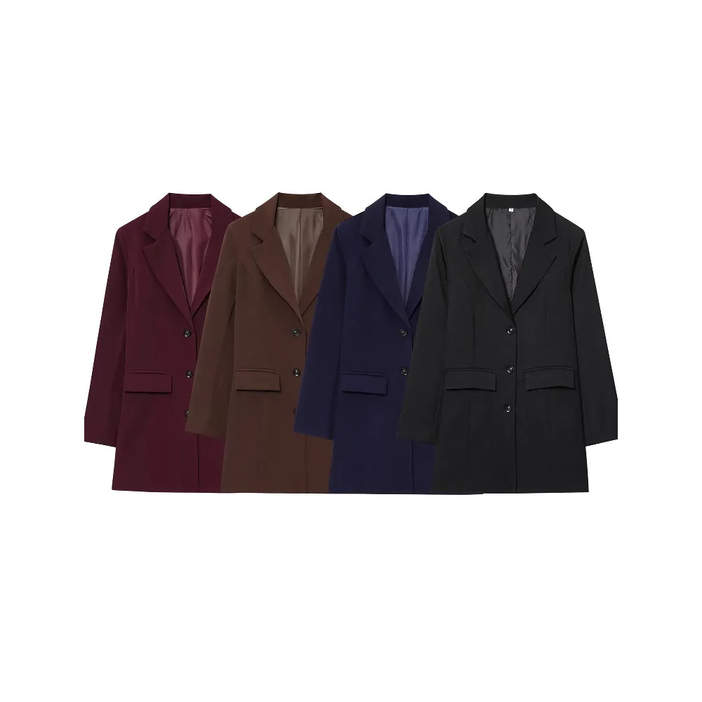 Women Elegant Notched Lapel Blazer Jacket Mid-Length Three Button Solid Color Commute Office Suit Jacket Coat