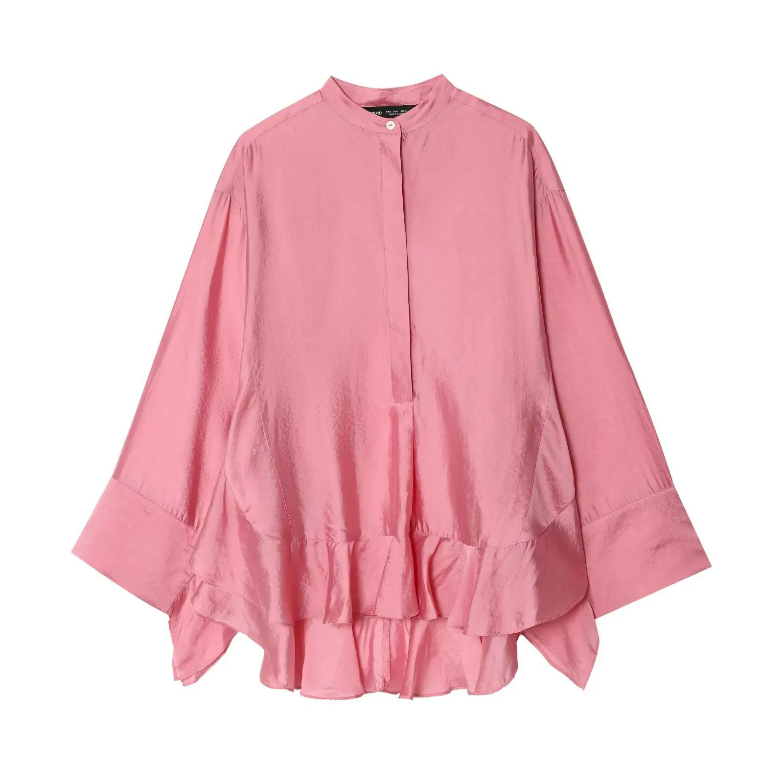 Solid Color Satin Ruffle Long Sleeve Shirt Stand Collar Front Short Back Long Women Blouse Elegant Commuter Top