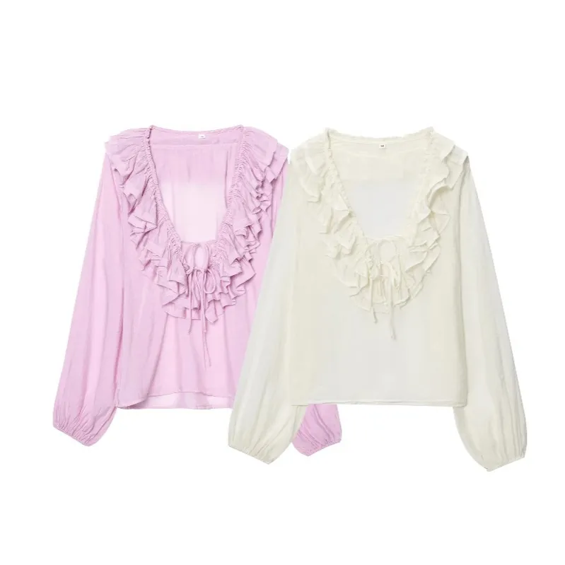French Retro Ruffled V Neck Chiffon Blouse For Women Elegant Layered Long Lantern Sleeve Solid Color Sweet Pullover Top