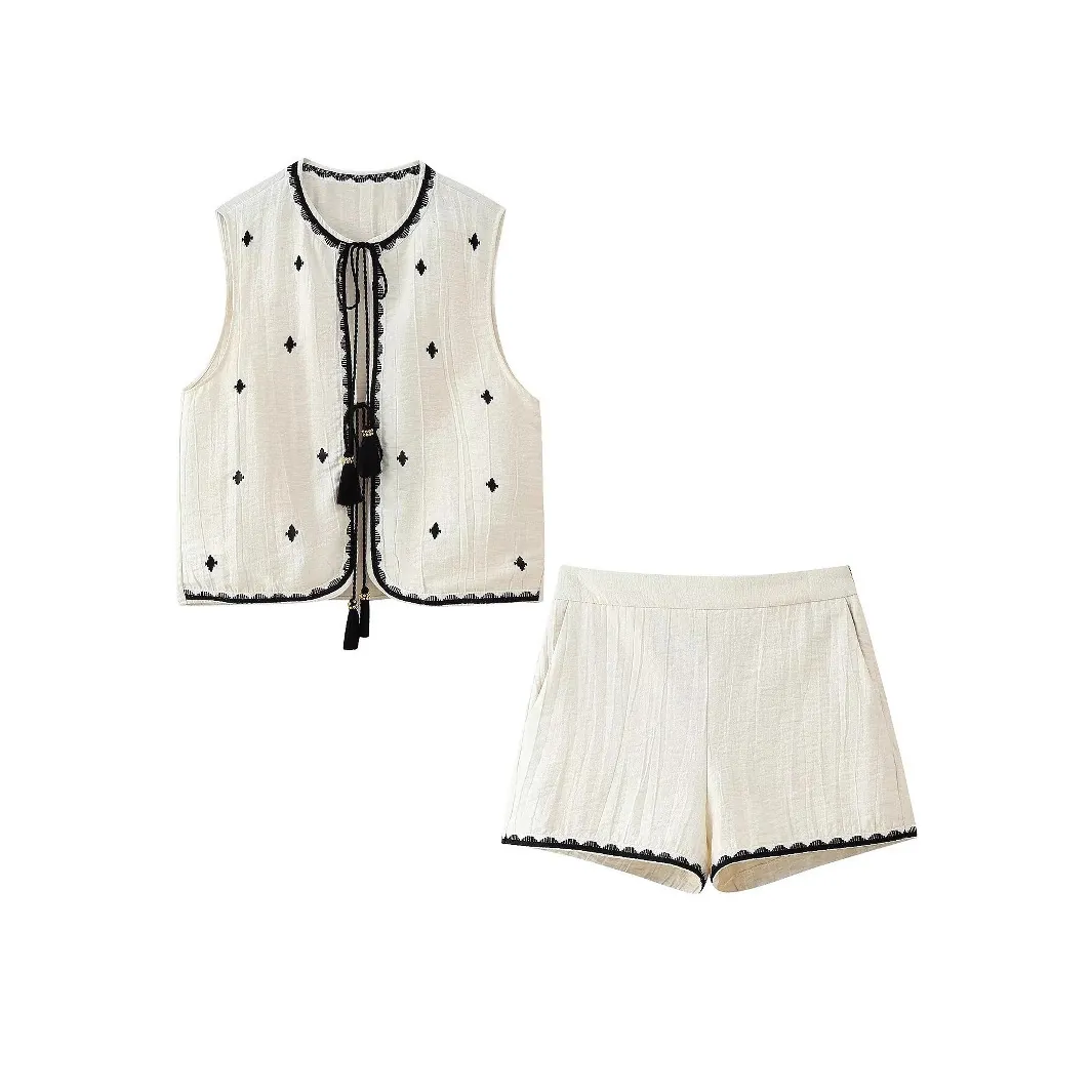Women's Bohemian Embroidered Vest And Shorts Set V-Neck Sleeveless Tassel Top Casual High Waist Ethnic Style Two Piece Suit