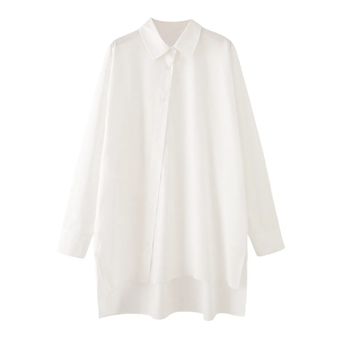 Women's White Long Sleeve Cotton Poplin Shirt Blouse With Irregular Asymmetrical Split Hem Oversized Casual Office Top