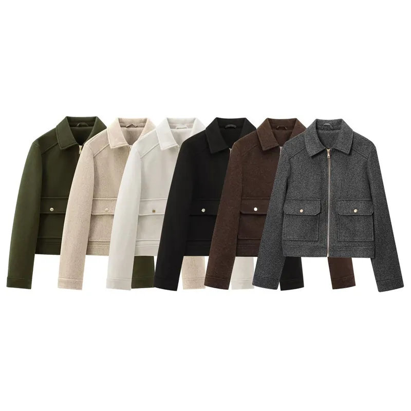 Women's Casual Woolen Texture Short Jacket Zip Up Lapel Cropped Outerwear Solid Color Long Sleeve Coat With Pockets
