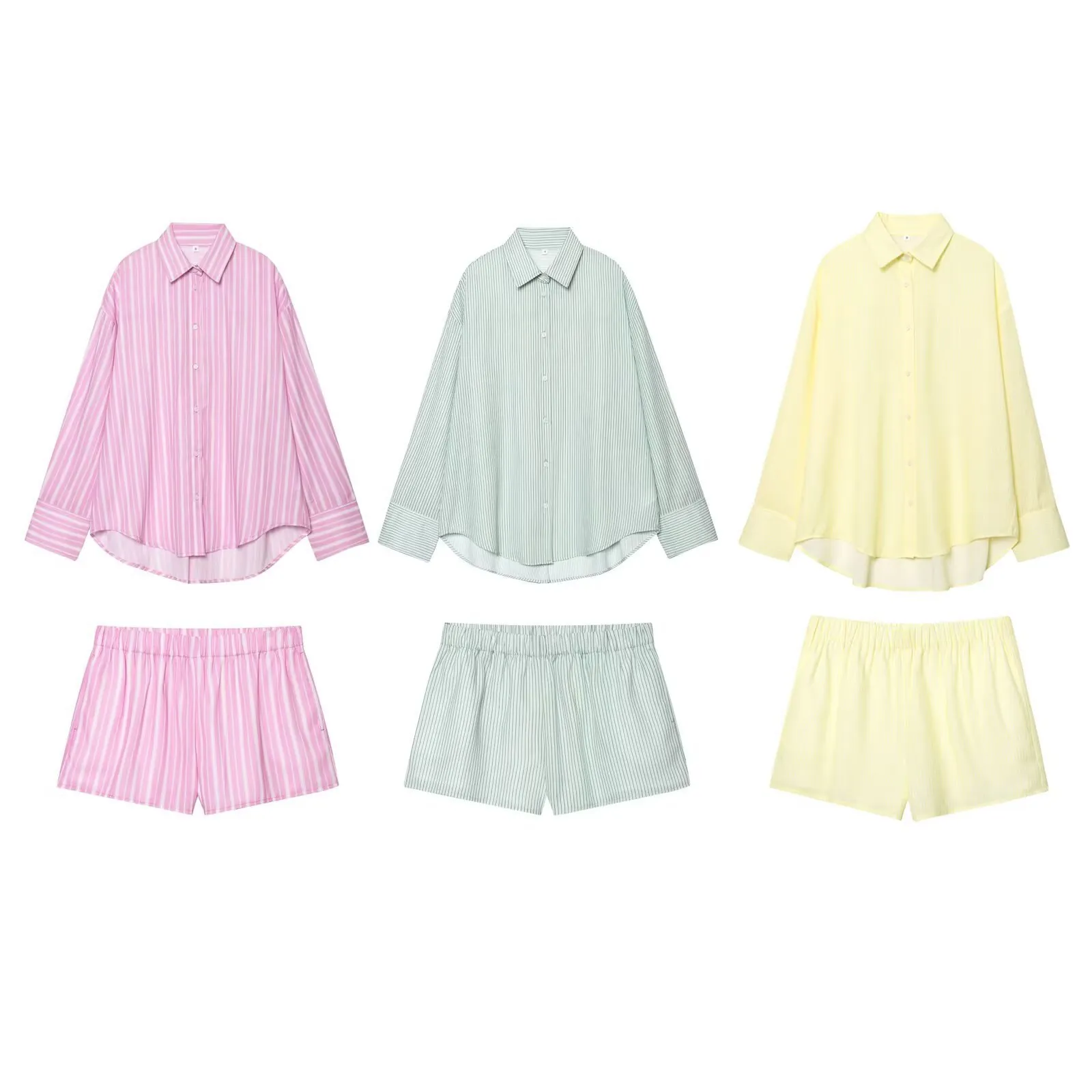Women Casual Striped Loungewear Set Slub Cotton Linen Oversized Long Sleeve Lapel Shirt Elastic Waist Shorts Pajama Set