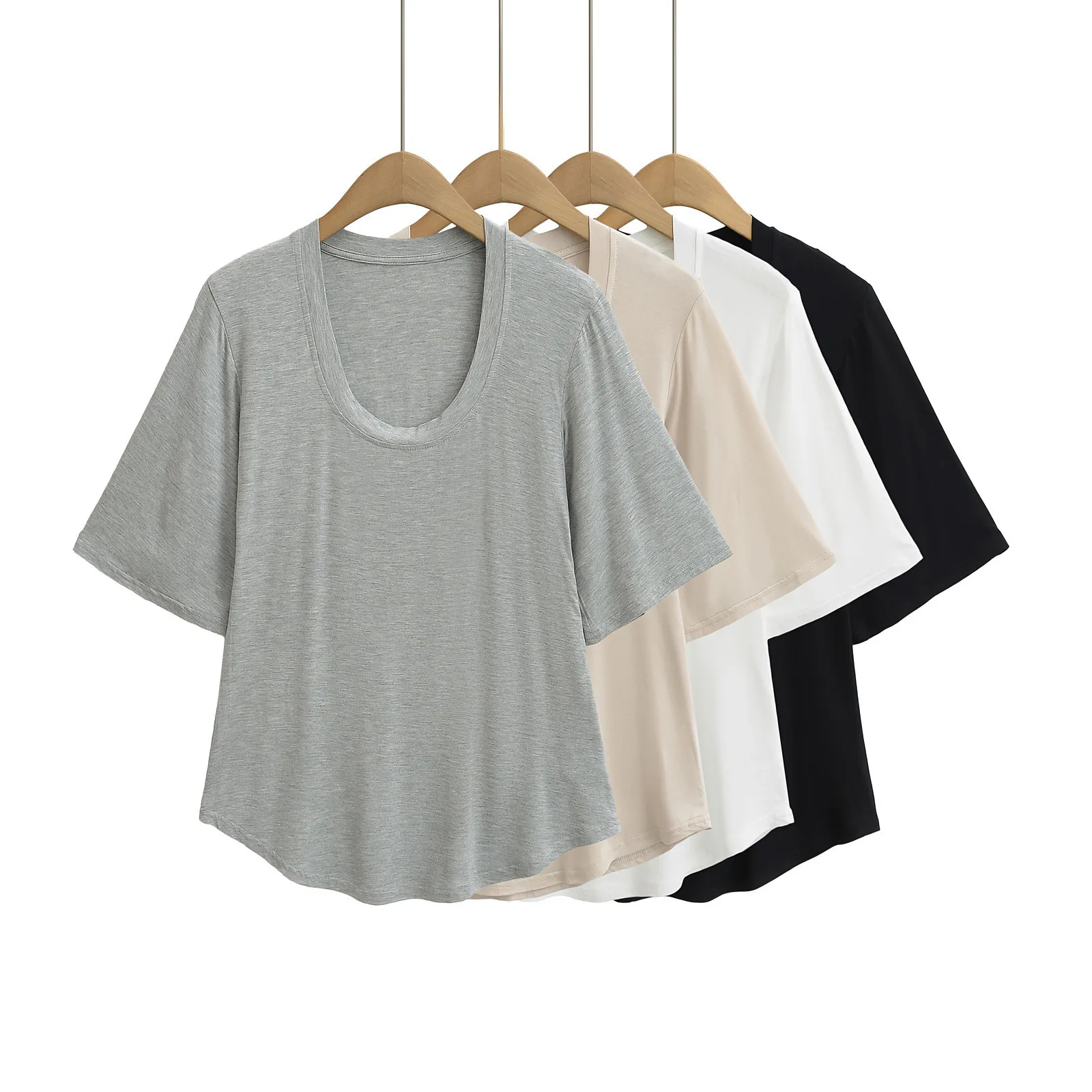 Women Scoop Neck Short Sleeve T-Shirt Minimalist Solid Color Curved Hem Polyester Basic Top Casual Commute Wear