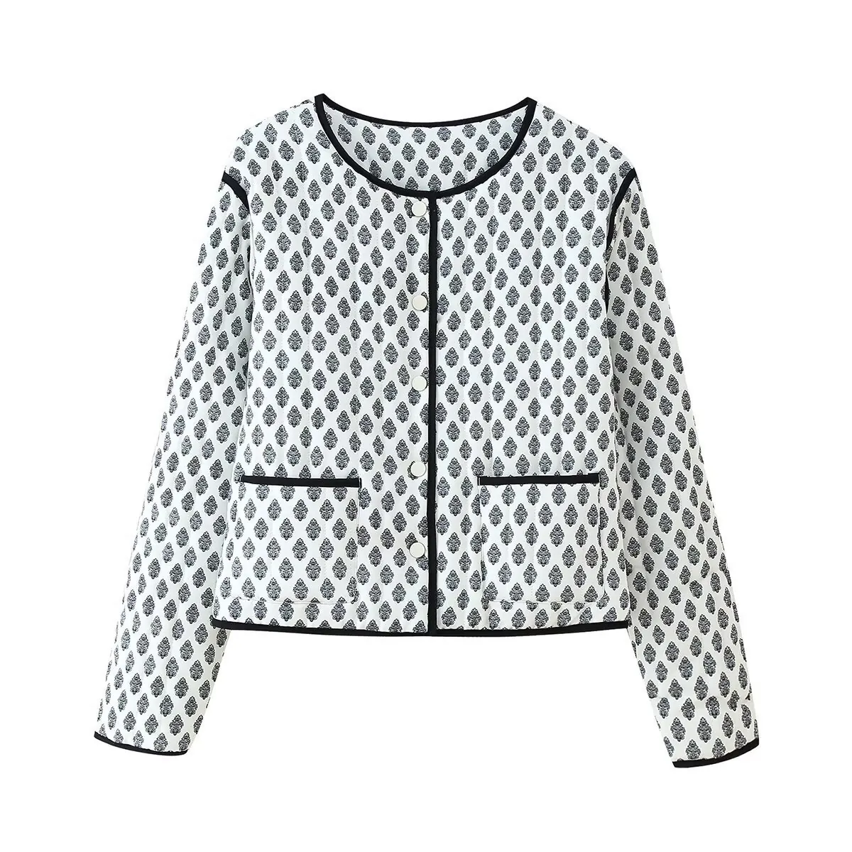 Women Vintage Quilted Jacket Round Neck Contrast Binding Leaf Floral Print Long Sleeve Outerwear With Pockets
