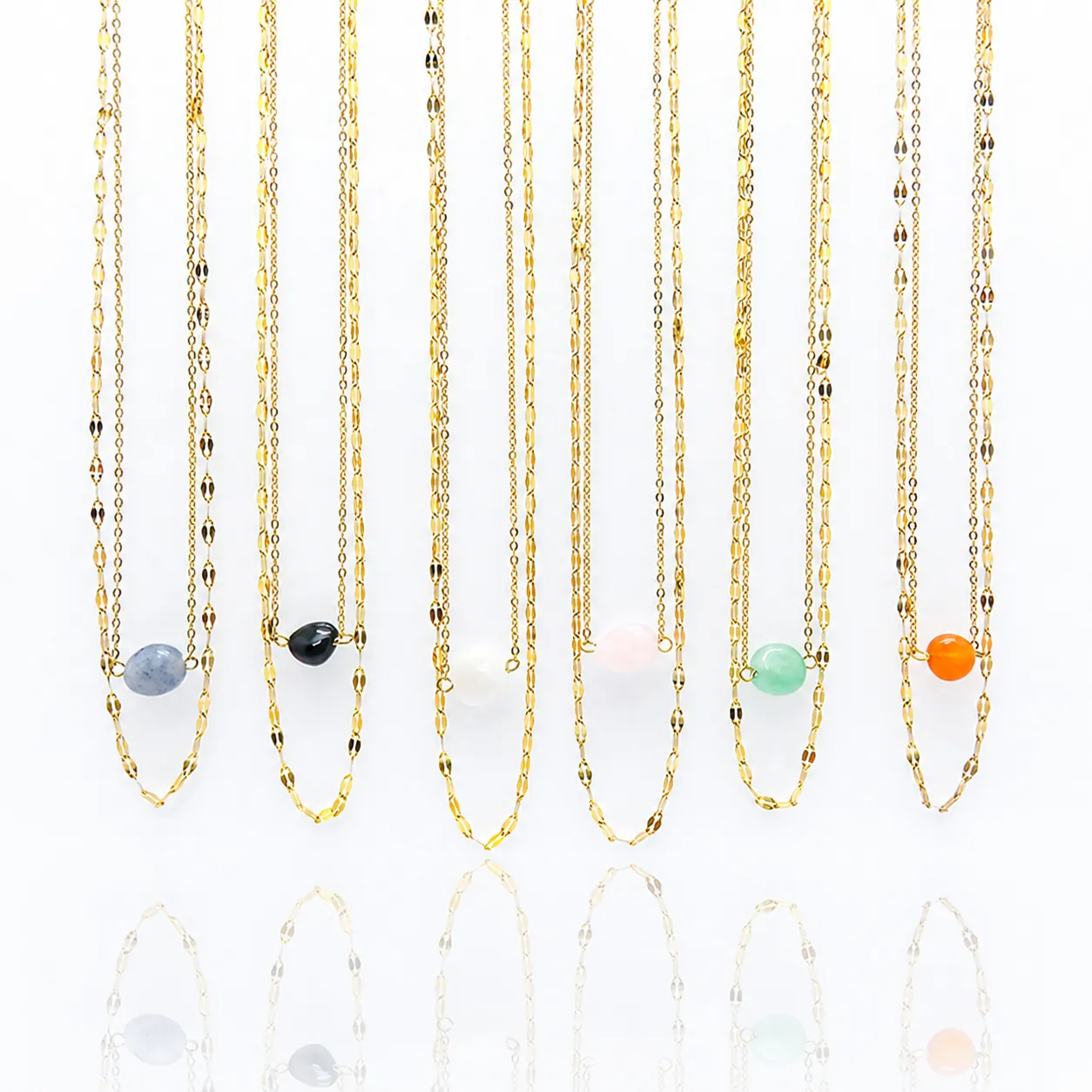 Vintage Stainless Steel Double Layer Necklace For Women Gold Plated Natural Stone Pendant Moonstone Green Aventurine Necklaces Jewelry Gift