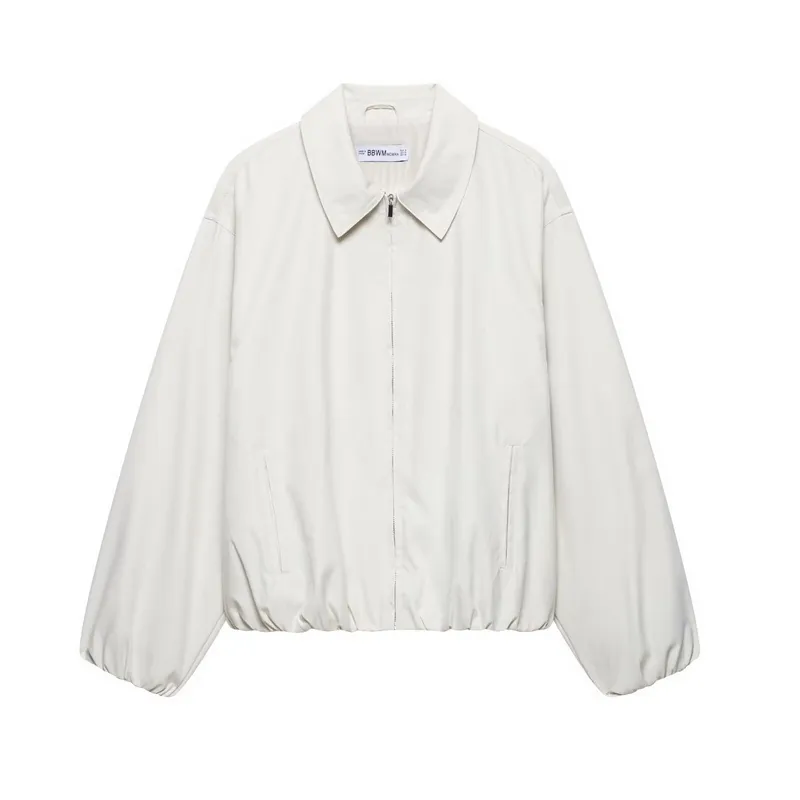 Women Casual Solid Color Zip Up Bomber Jacket Minimalist Turn Down Collar Outerwear Elastic Cuff Hem Drop Shoulder Coats