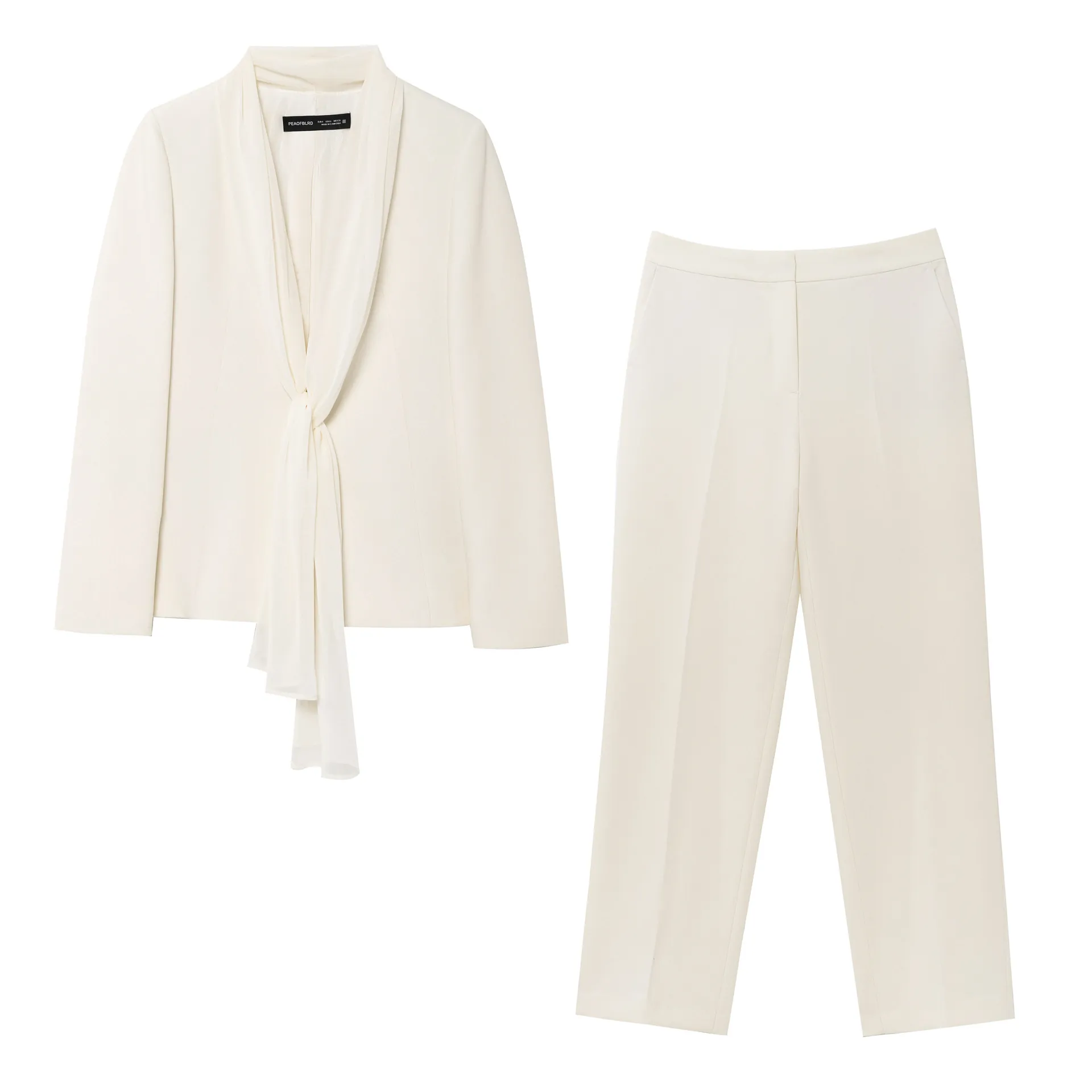 Blazer en Polyester Décontracté à Col Écharpe Et Pantalon Droit à Taille Haute Tenue Élégante Pour Femme Bureau