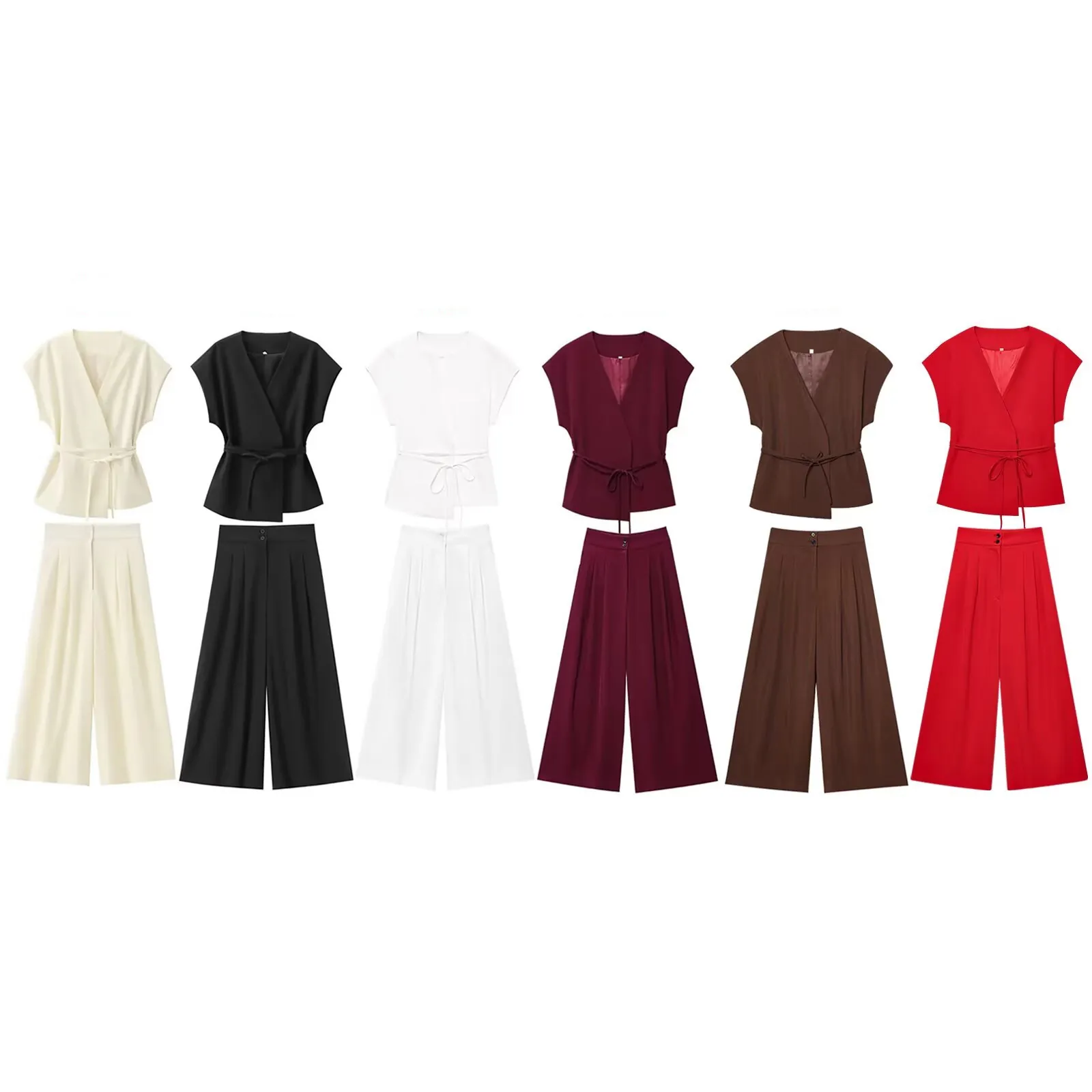 Women Elegant 2-Piece Set Wrap V-Neck Tie Waist Sleeveless Top And High Waist Wide Leg Long Pants Set Casual Office Outfits
