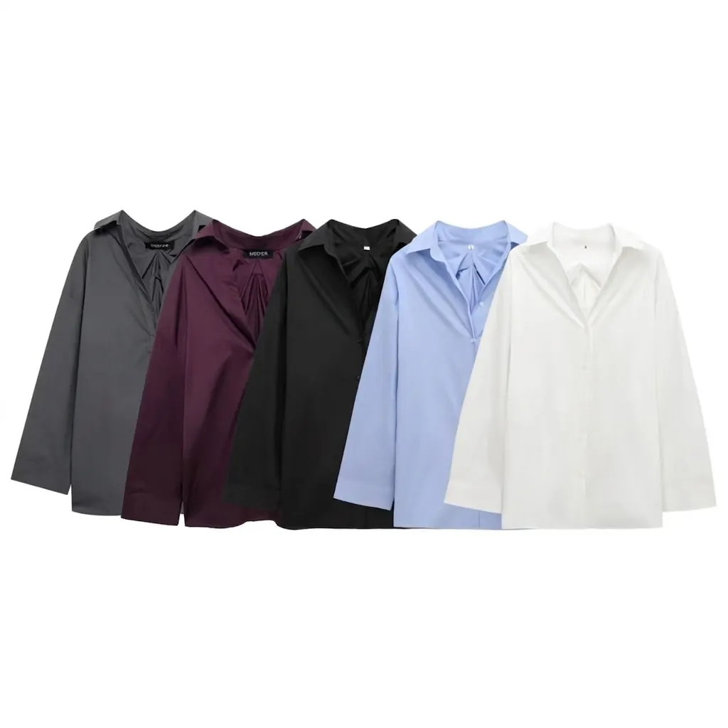 Women Casual Loose Solid Color Long Sleeve Shirt Pleated Back Lapel Button Down Blouse Elegant Office Commuting Top