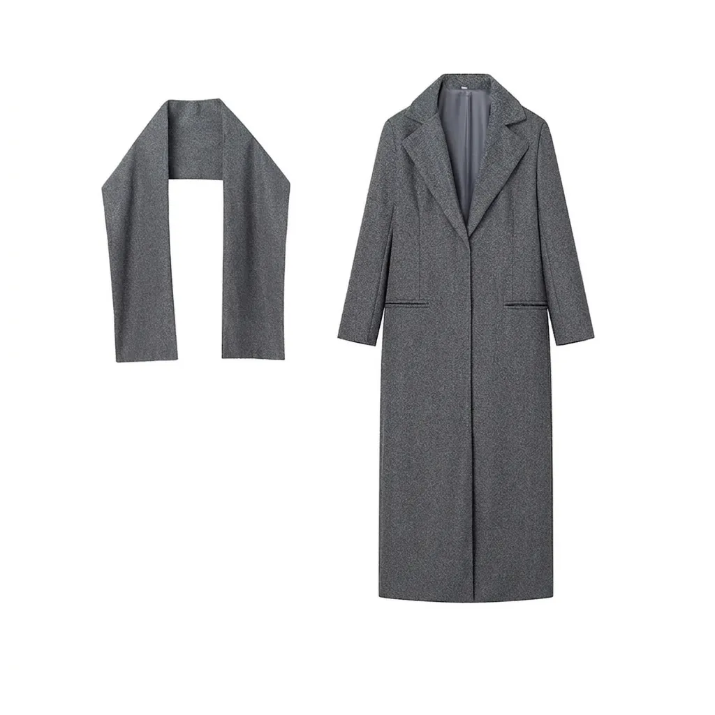 Elegante Cappotto Lungo In Lana Da Donna E Sciarpa Coordinata Grigio Scuro Revers Monopetto Tinta Unita Giacca Capispalla