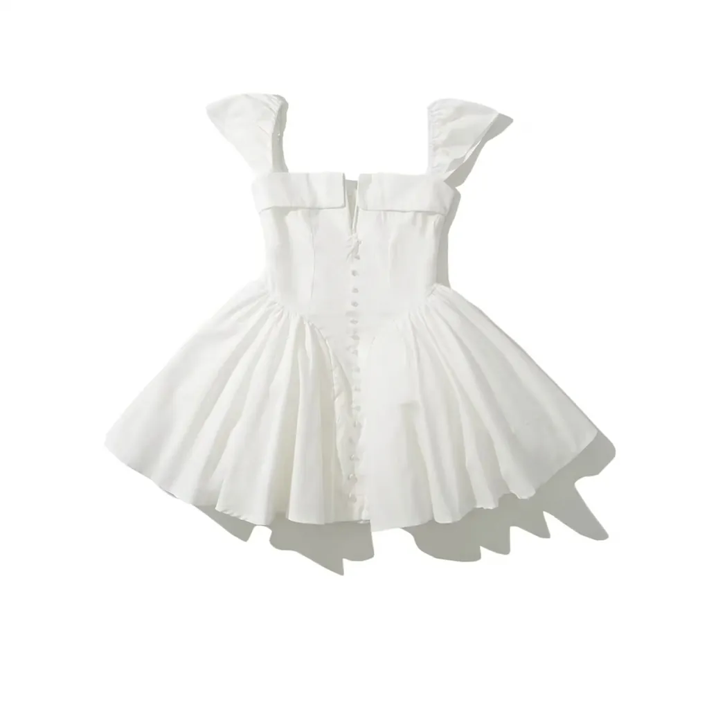 Women Elegant Solid White Mini Dress Square Neck Button Front Pleated Ruffle Sleeveless Slim Fit Sexy Short Sundress