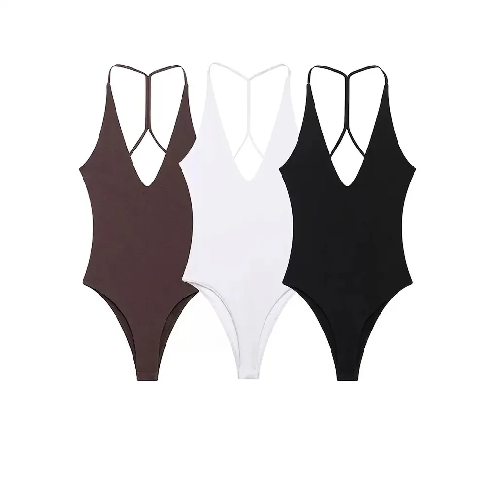 Sexy V Neck Ribbed Bodysuit For Women Spaghetti Strap Y Back Slim Fit Solid Color Sleeveless Jumpsuit One Piece Swimsuit