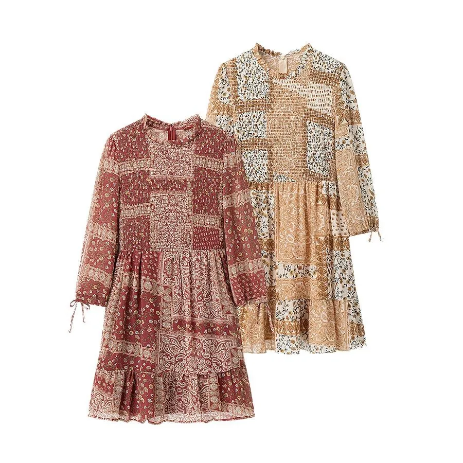 Robe Bohème Patchwork Paisley pour Femmes Col Montant à Volants Manches Longues Poignets à Nœud Robe Midi à Étages