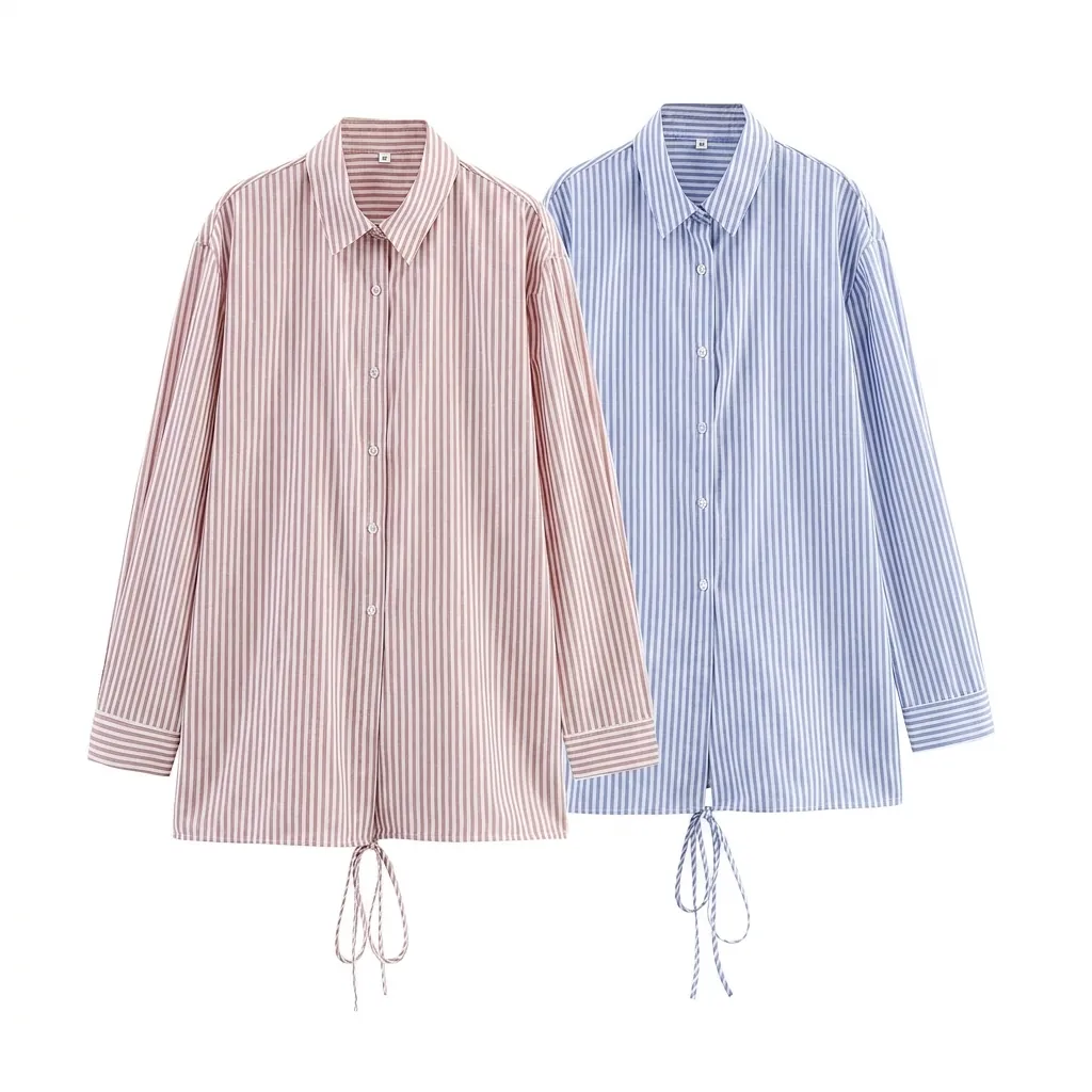 Women Casual Striped Long Sleeve Shirt Polyester Turn-down Collar Button Down Blouse With Drawstring Hem Office Commuter Top