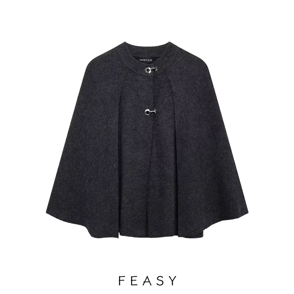 Women Round Neck Knit Poncho Cape Jacket With Silver Metal Buckles Solid Charcoal Grey Streetwear Pullover Outerwear