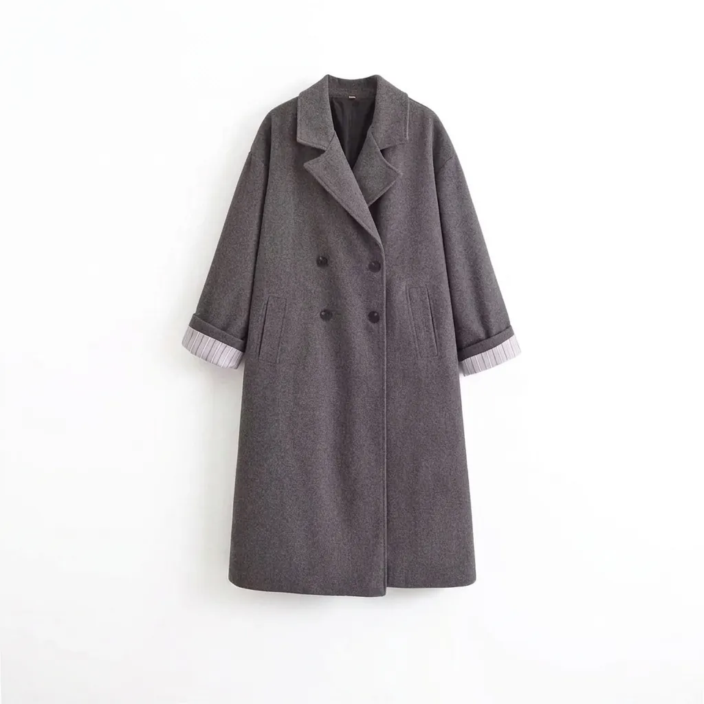 Cappotto Donna Elegante Lunghezza Media Testura di Lana Doppio Petto Revers Grigio Tinta Unita Trench Polsini a Righe Invernale Calda Giacca