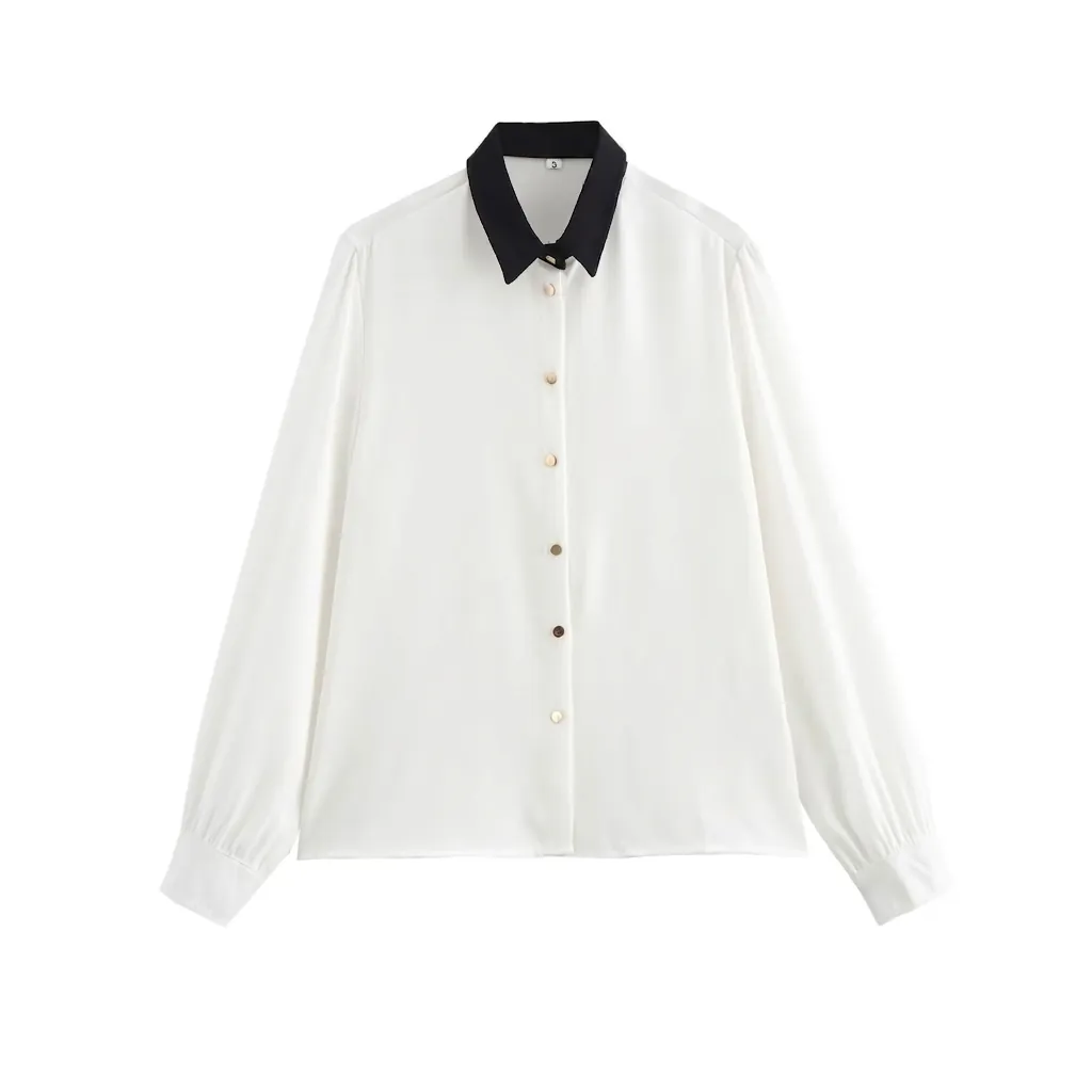Camicia a Maniche Lunghe Patchwork a Colori a Contrasto da Donna Top Elegante con Revers e Monopetto